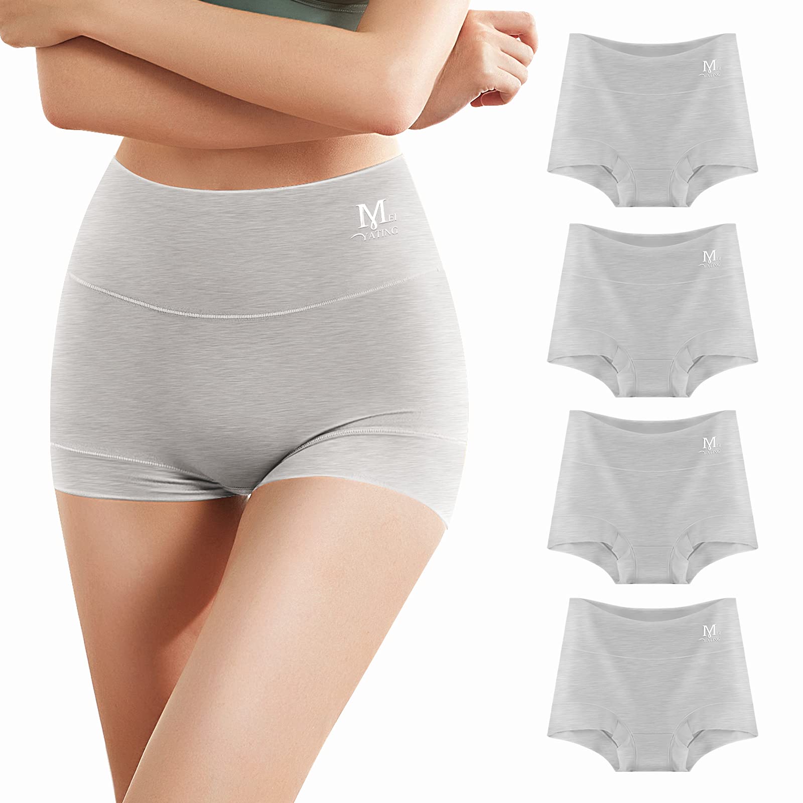 MEIYATING Women's High Waisted Cotton Boy Shorts Underwear - 4 Pack Stretch Briefs for Comfort & Support | Perfect for Yoga, Sleep & Everyday Wear