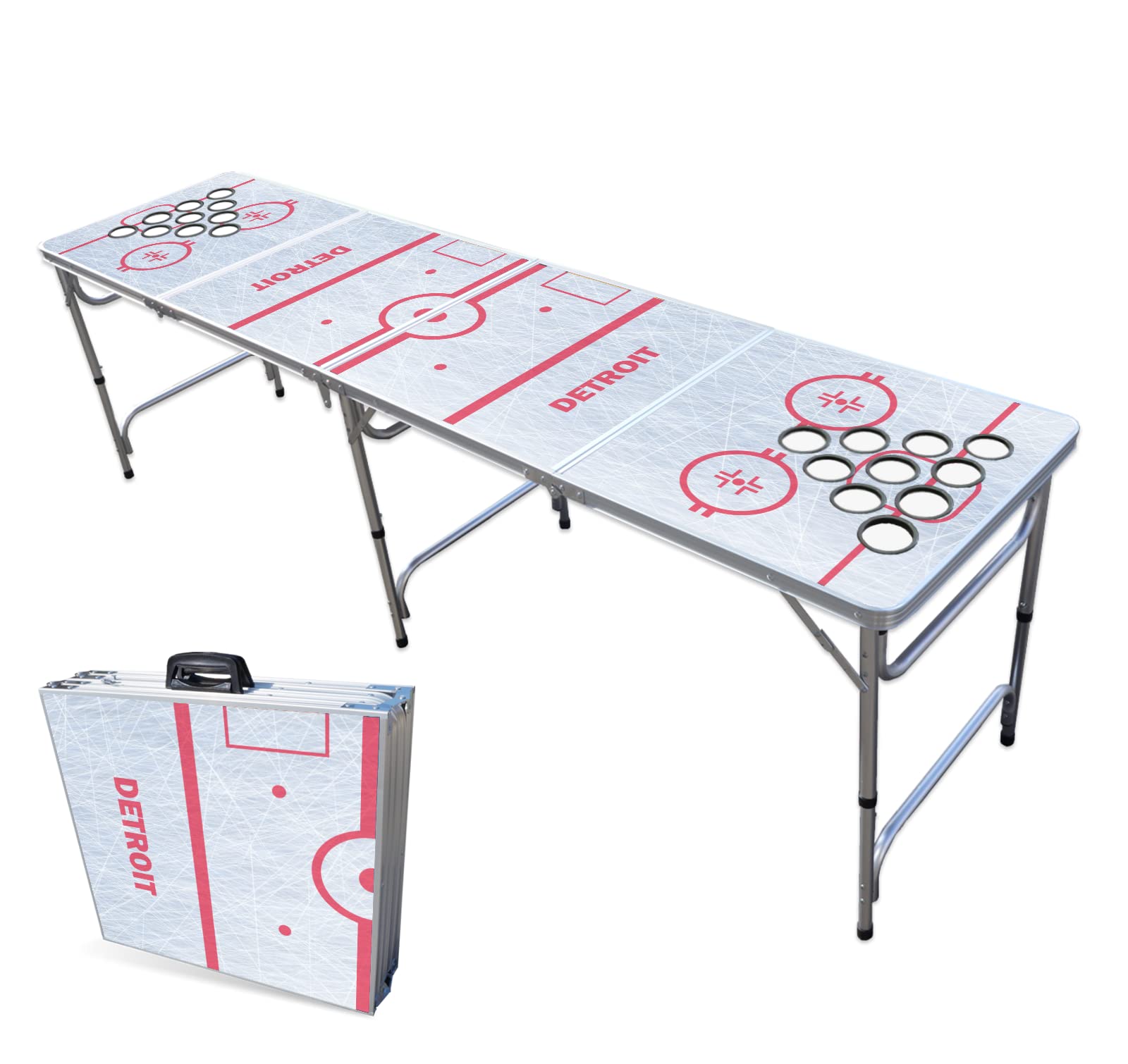8-Foot Folding Portable Beer Pong Table with LED Lights & Optional Cup Holes - Detroit Hockey Rink Design for Parties, Tailgates & Game Nights - Choose Your Model