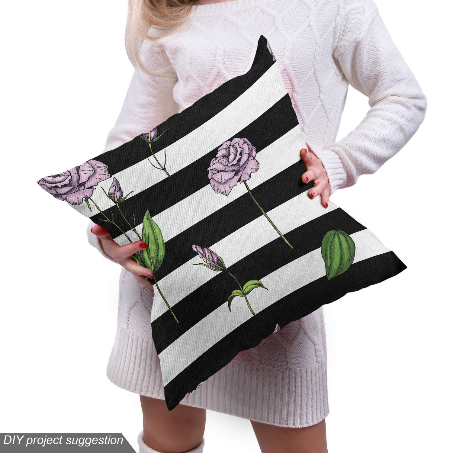 Ambesonne Rose Fabric by The Yard - Pink Floral Print on Black & White Striped Background | Decorative Upholstery & Home Decor Fabric (1 Yard) | Perfect for Curtains, Pillows & DIY Craft Projects