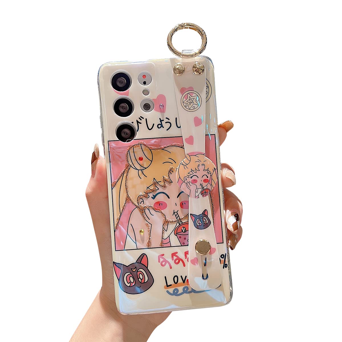 Cute Shockproof TPU Phone Case for Samsung Galaxy S21 Ultra 5G with Wrist Strap & Kickstand - Glitter Bling Cartoon Girl Design Protective Cover for Women | Perfect for Daily Use, Work & Travel