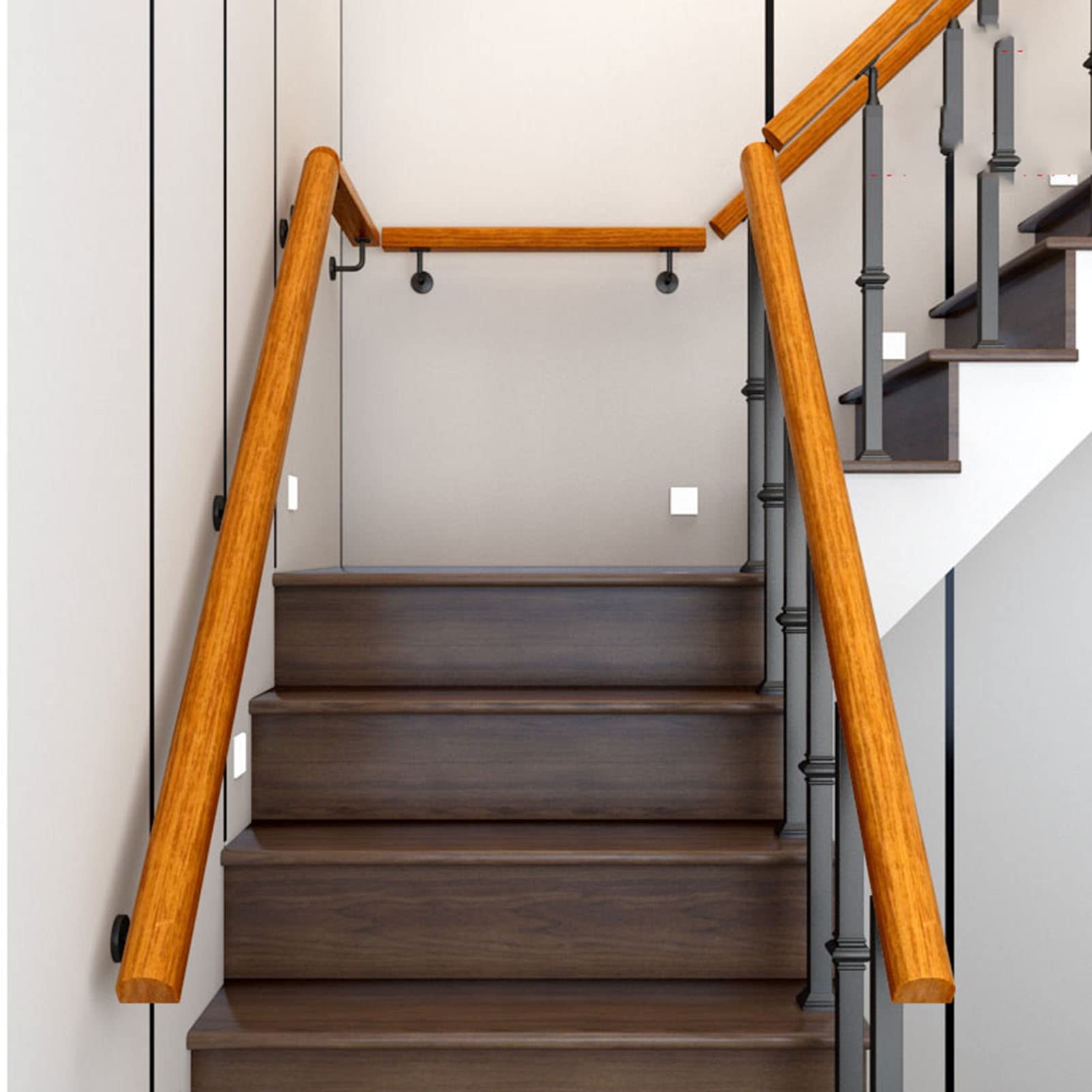 Non-Slip Stair Handrail - 15ft Wall Mounted Stair Railing with Wood Balusters for Indoor/Outdoor Use - Easy Installation for Homes & Commercial Buildings - Perfect for Staircase Safety in Houses, Offices & Public Spaces