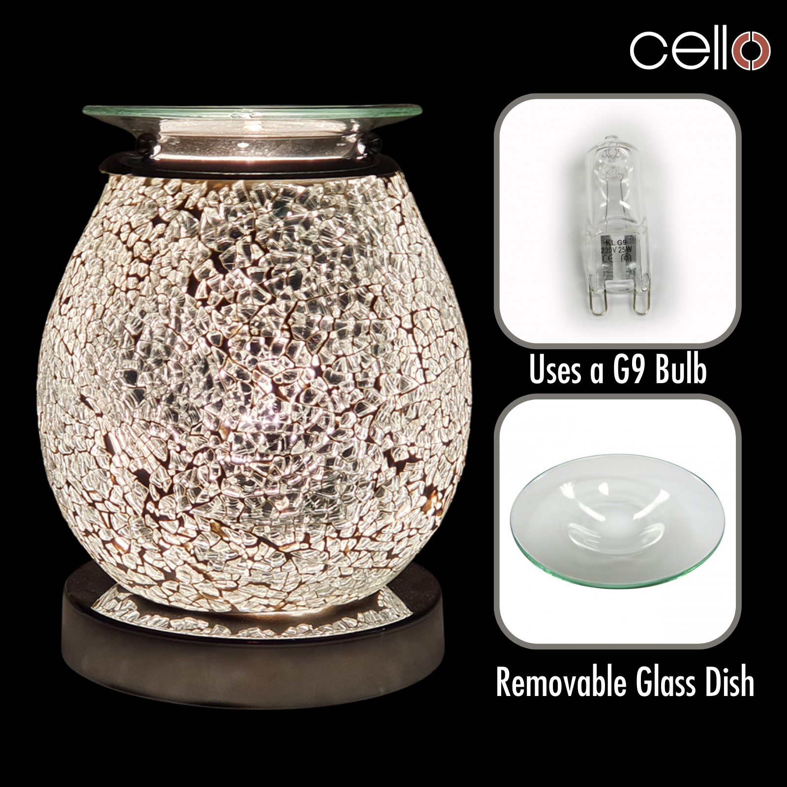 Premium Cello Electric Wax Warmer with Touch Mosaic Design in Silver - Perfect for Aromatherapy, Home Fragrance & Relaxation in Bedroom, Office or Spa