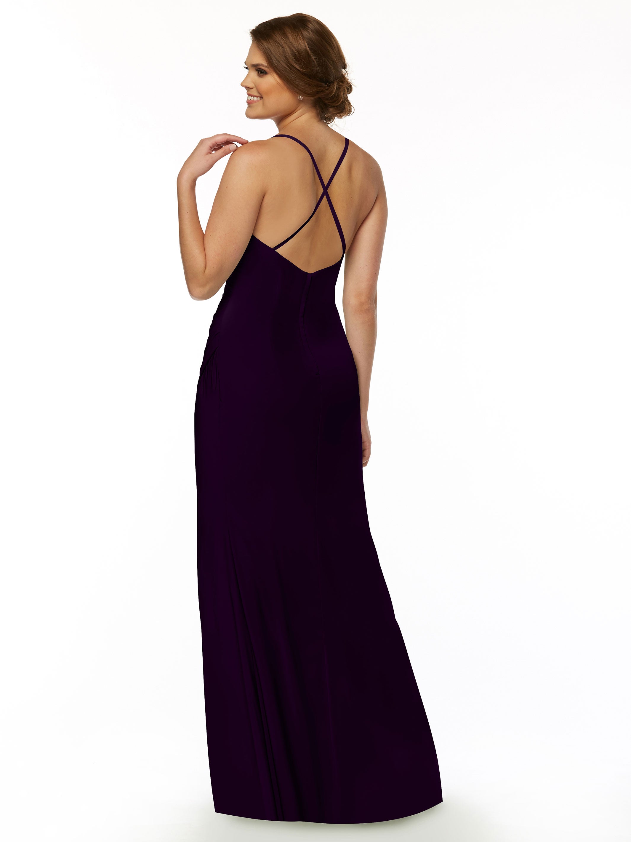 Elegant 80114 Stretch Chiffon Sheath Bridesmaid Dress with Ruching and High Slit - Perfect for Weddings, Formal Events & Evening Parties