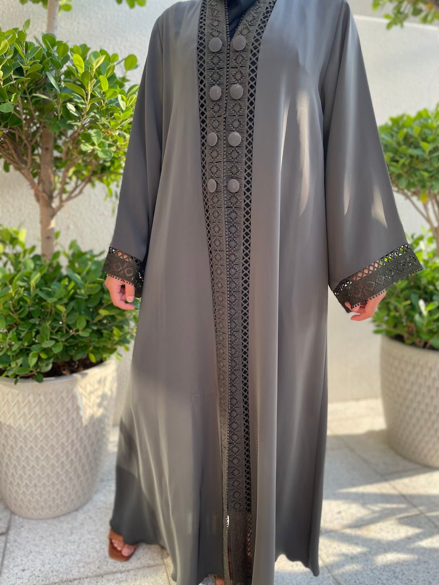 Elegant Grey Open Abaya with Lace Cuffs & Button Detailing - Modest Muslim Dress for Women, Perfect for Prayer, Mosque & Special Occasions