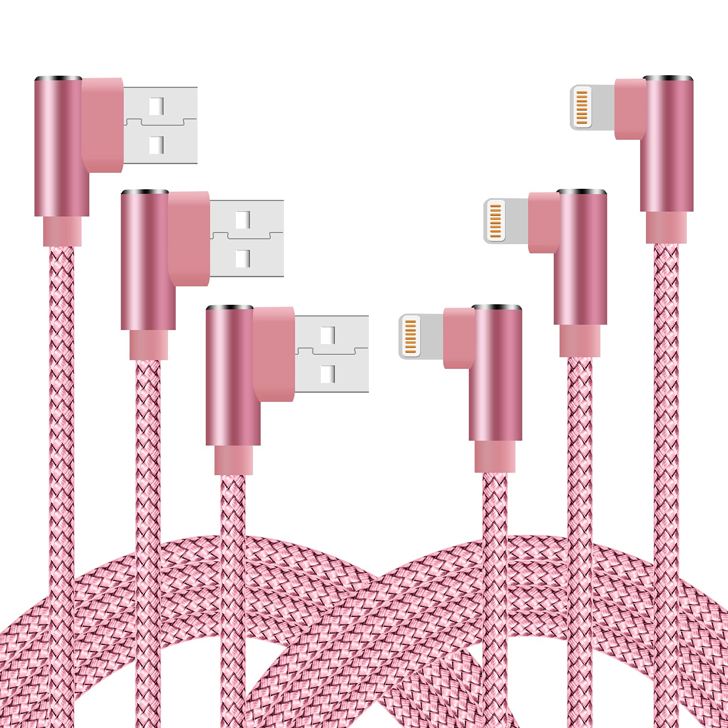 3-Pack MFi Certified 10ft 90 Degree Right Angle Lightning Cable - Nylon Braided iPhone Charger for iPhone 13/12/11/Pro/X/XS/XR/8/7/6/5 (Rose Gold) | Durable Charging Cable for Home, Office & Travel Use