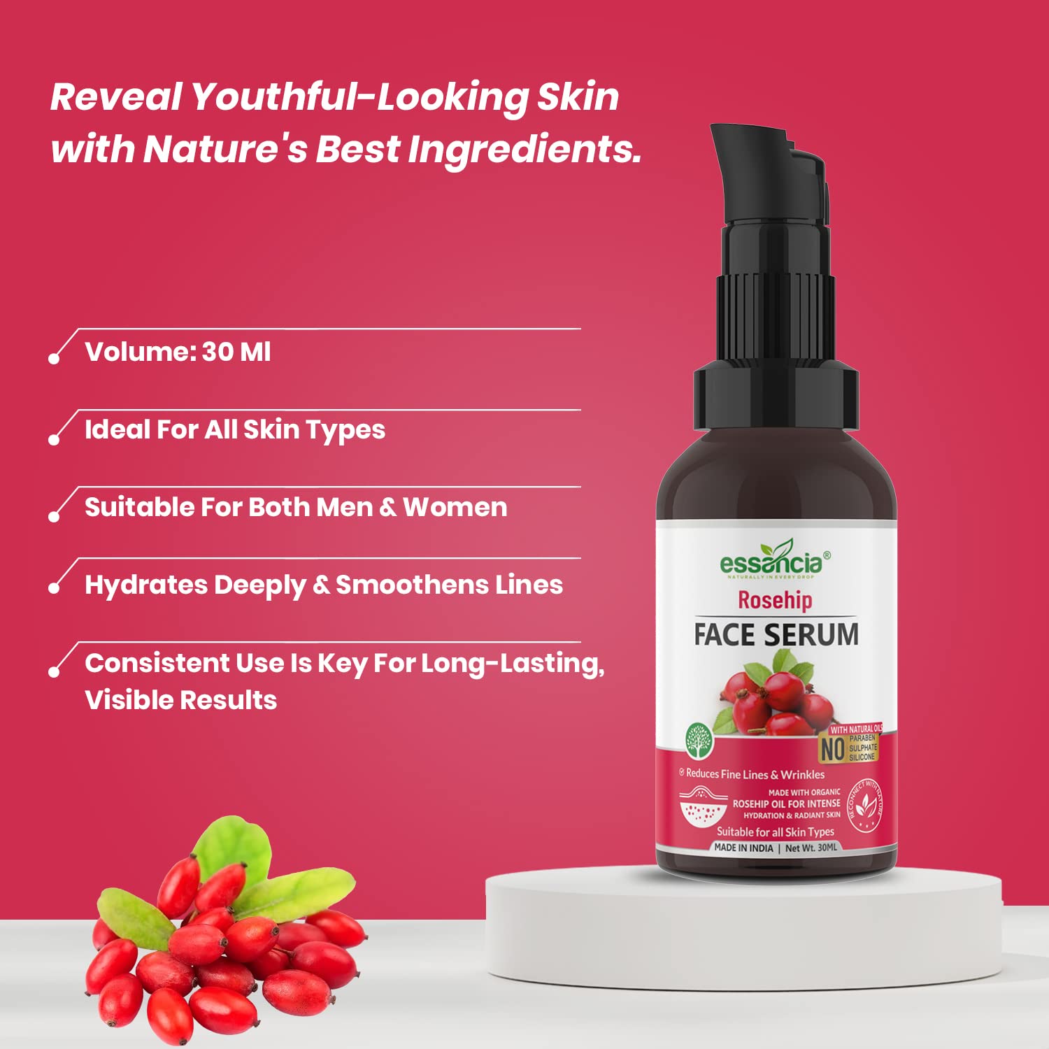 Essencia Rosehip Face Serum for Radiant & Youthful Skin - 30ml Sulfate-Free, Paraben-Free Anti-Aging Facial Treatment for Men & Women - Perfect for Daily Skincare Routine & Nighttime Hydration