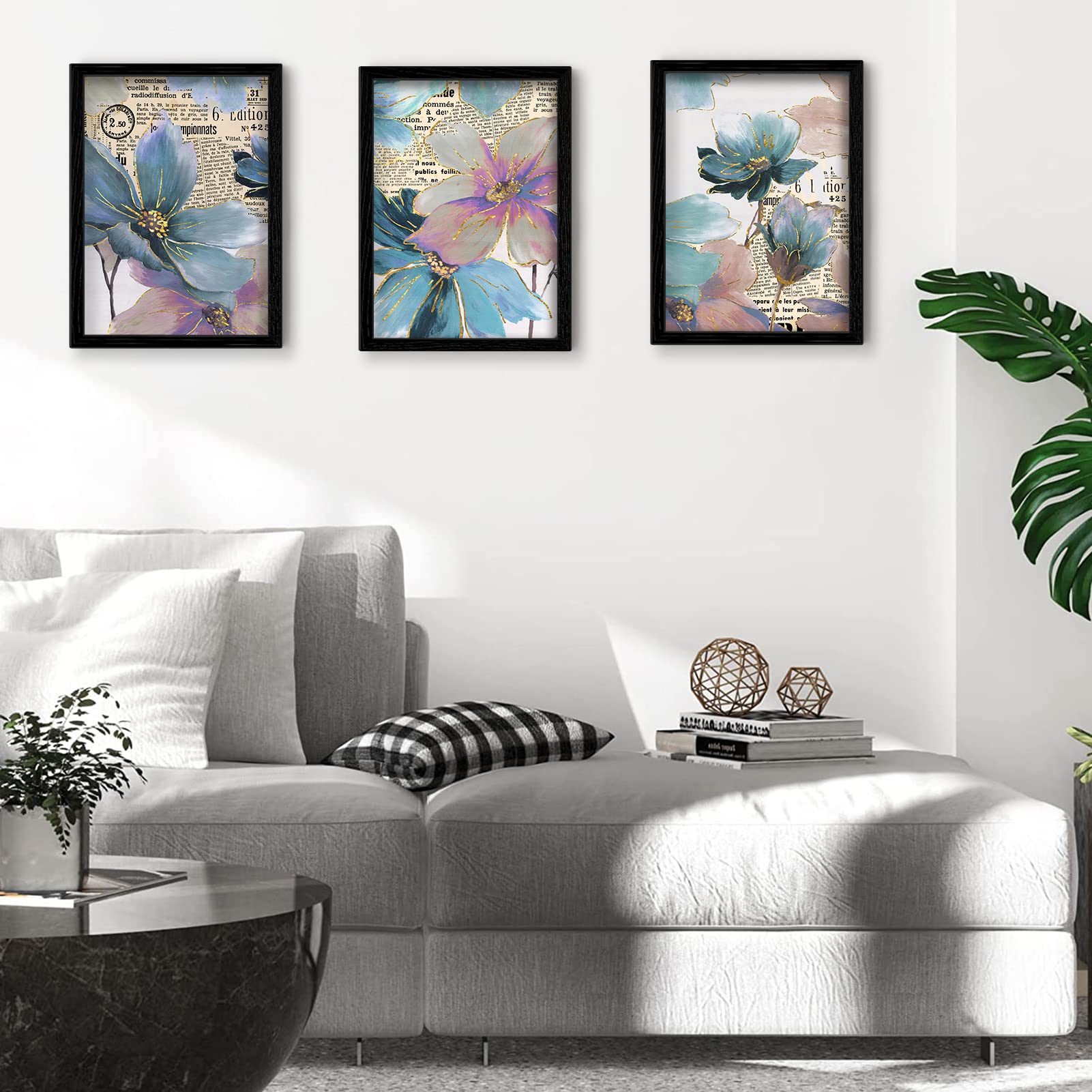 3 Piece Black Framed Modern Abstract Floral Wall Art - 12x16 Inch Gold Flower Canvas Prints for Home, Office, Bedroom & Bathroom Decor - Perfect for Living Room Accent Wall, Housewarming Gifts & Interior Design