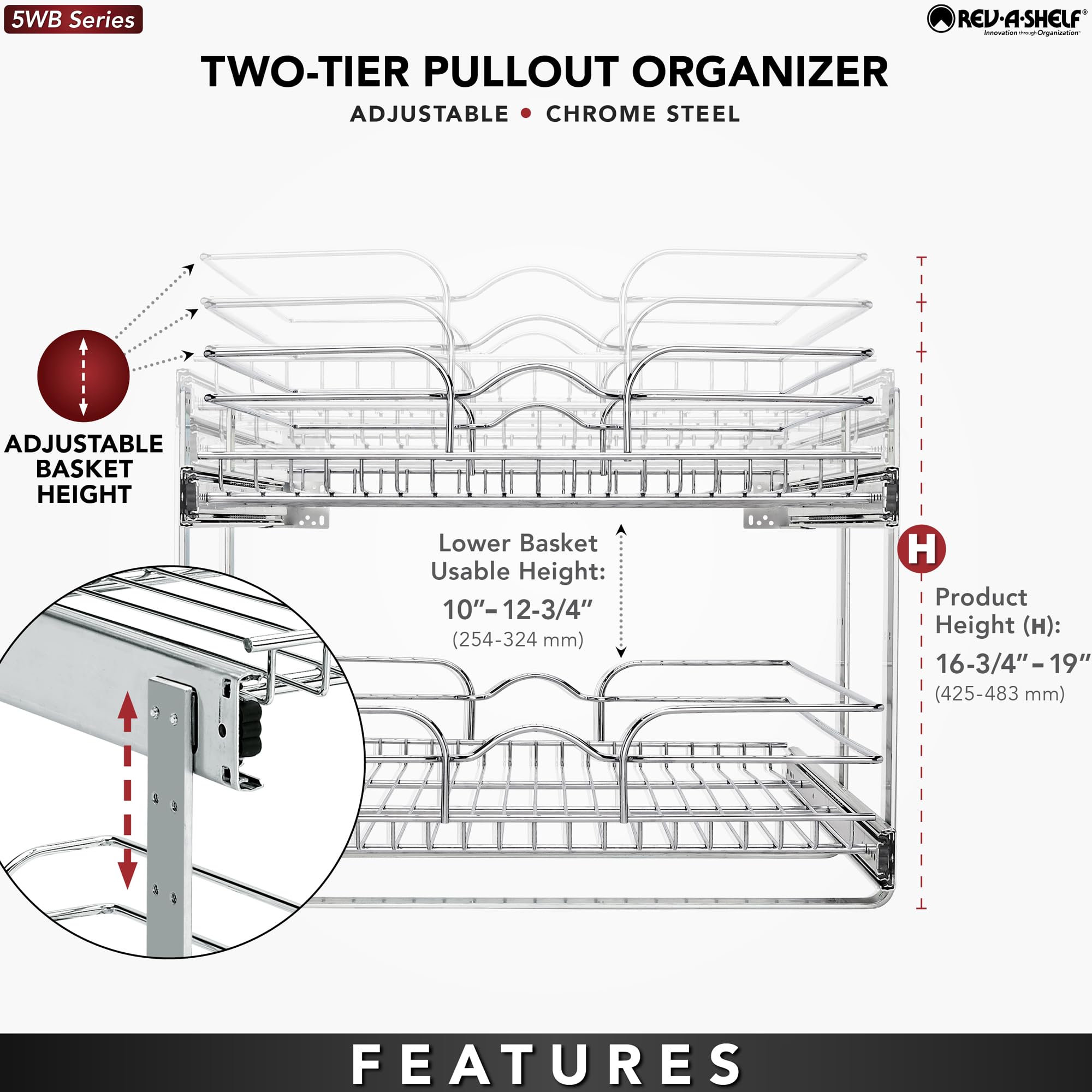 Rev-A-Shelf 2-Tier Pull-Out Cabinet Organizer - 21 x 22 Inch Kitchen Drawer Shelf with Slide-Out Pantry Storage Baskets (Multiple Sizes Available) - Perfect for Spice Racks, Pantry Organization & Under-Sink Storage - Model 5WB2-2122CR-1