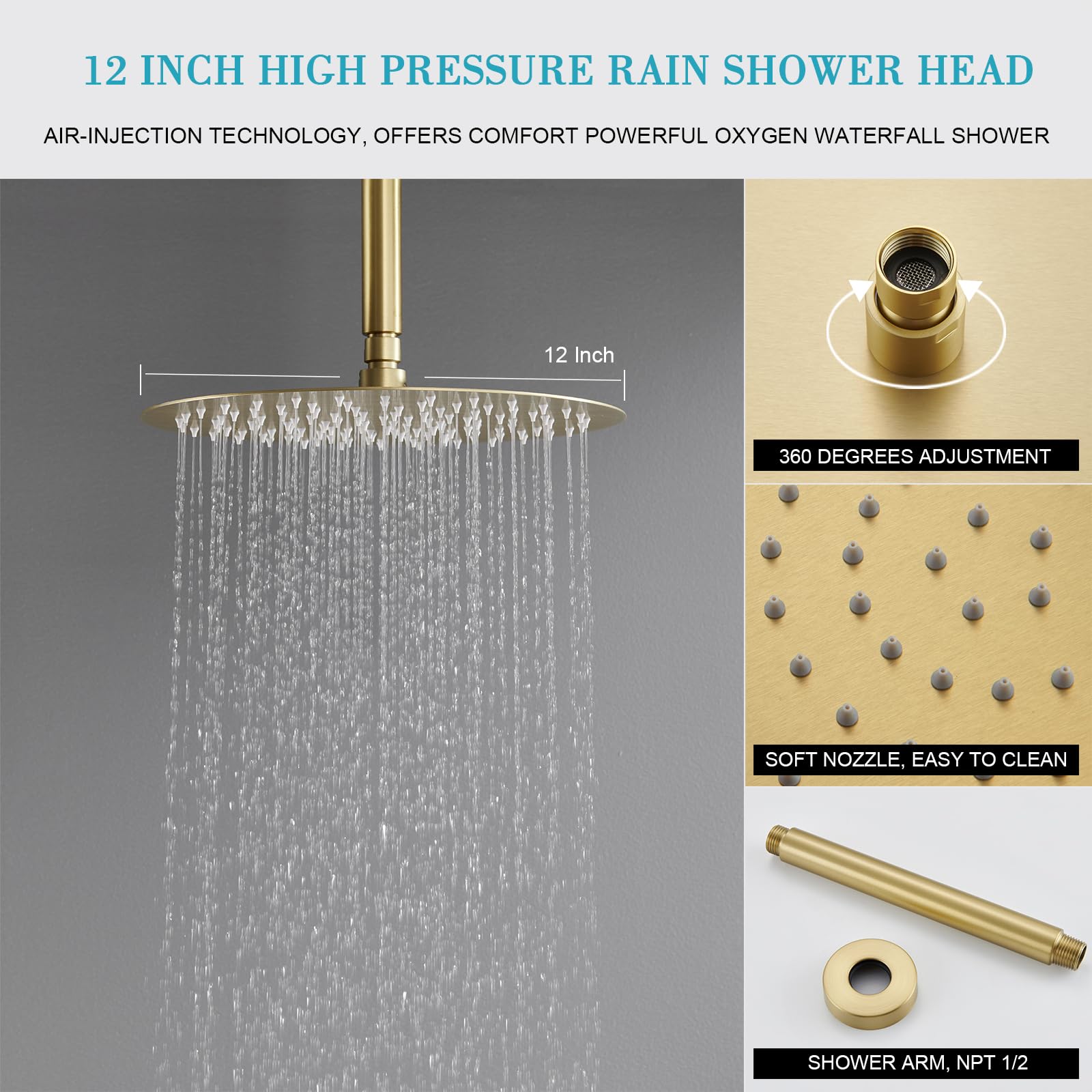 Brushed Gold Shower Faucet with Handheld Sprayer - 12 Inch Rain Shower Head System with Brass Valve - Luxury Bathroom Shower Fixtures for Spa-Like Experience, Perfect for Master Bathroom Renovation and Modern Home Upgrade
