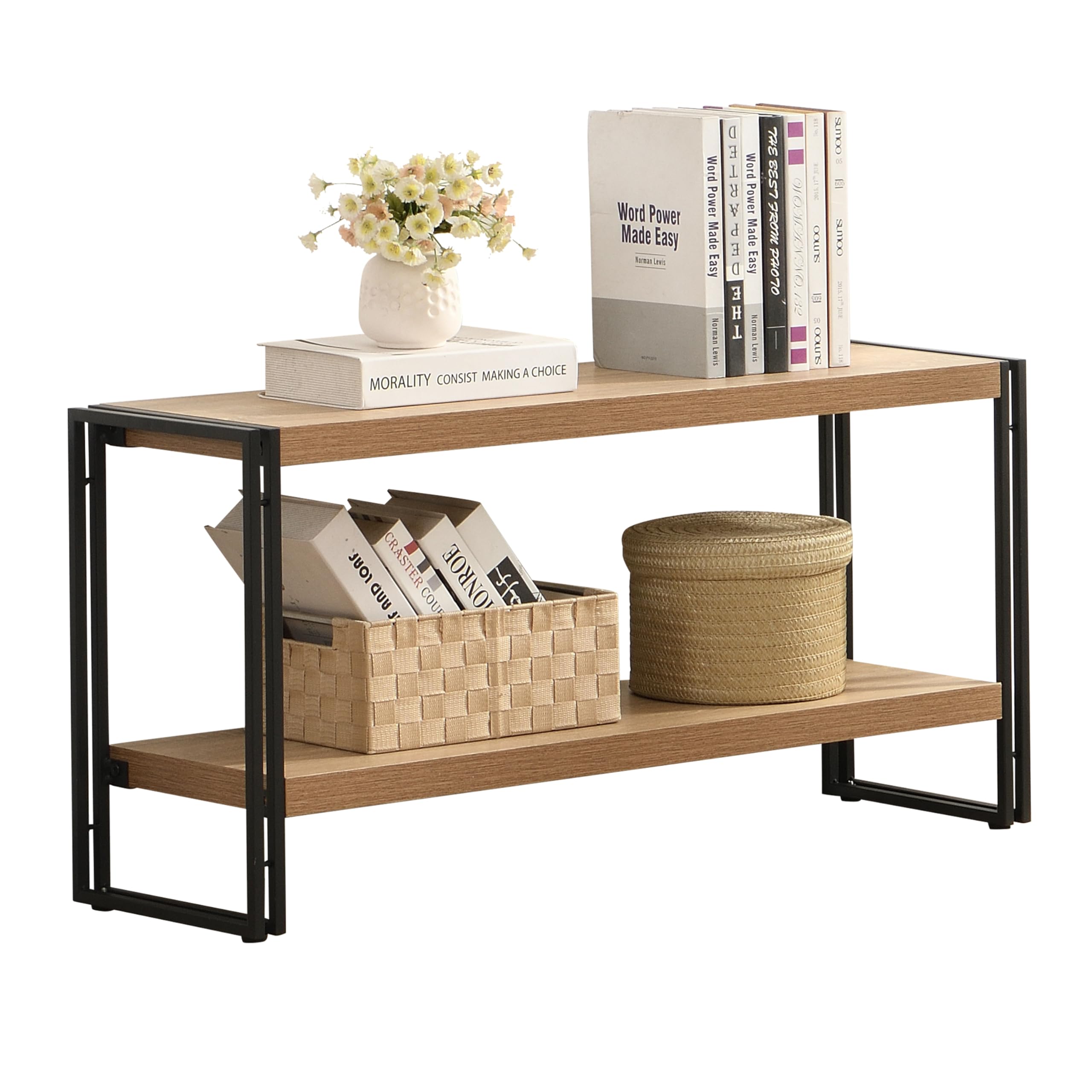 2-Tier Small Industrial Bookshelf - Rustic Oak Wood & Metal Bookcase for Living Room, Bedroom, Office - Perfect for Home Decor & Storage Organization