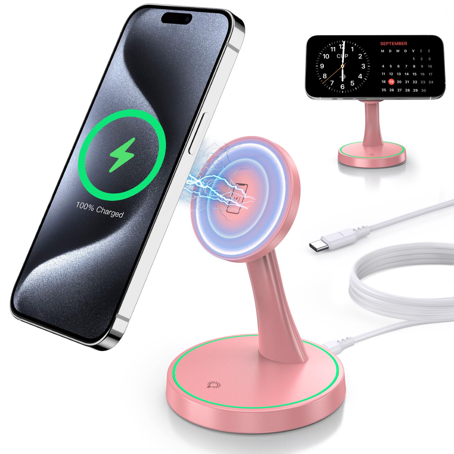 15W Fast Magnetic Wireless Charger Stand - MagSafe Compatible for iPhone 16/16 Pro/16 Plus/16 Pro Max/15/14/13/12 Series, AirPods - Sleep-Friendly Night Light Charging Station for Bedside, Office & Travel