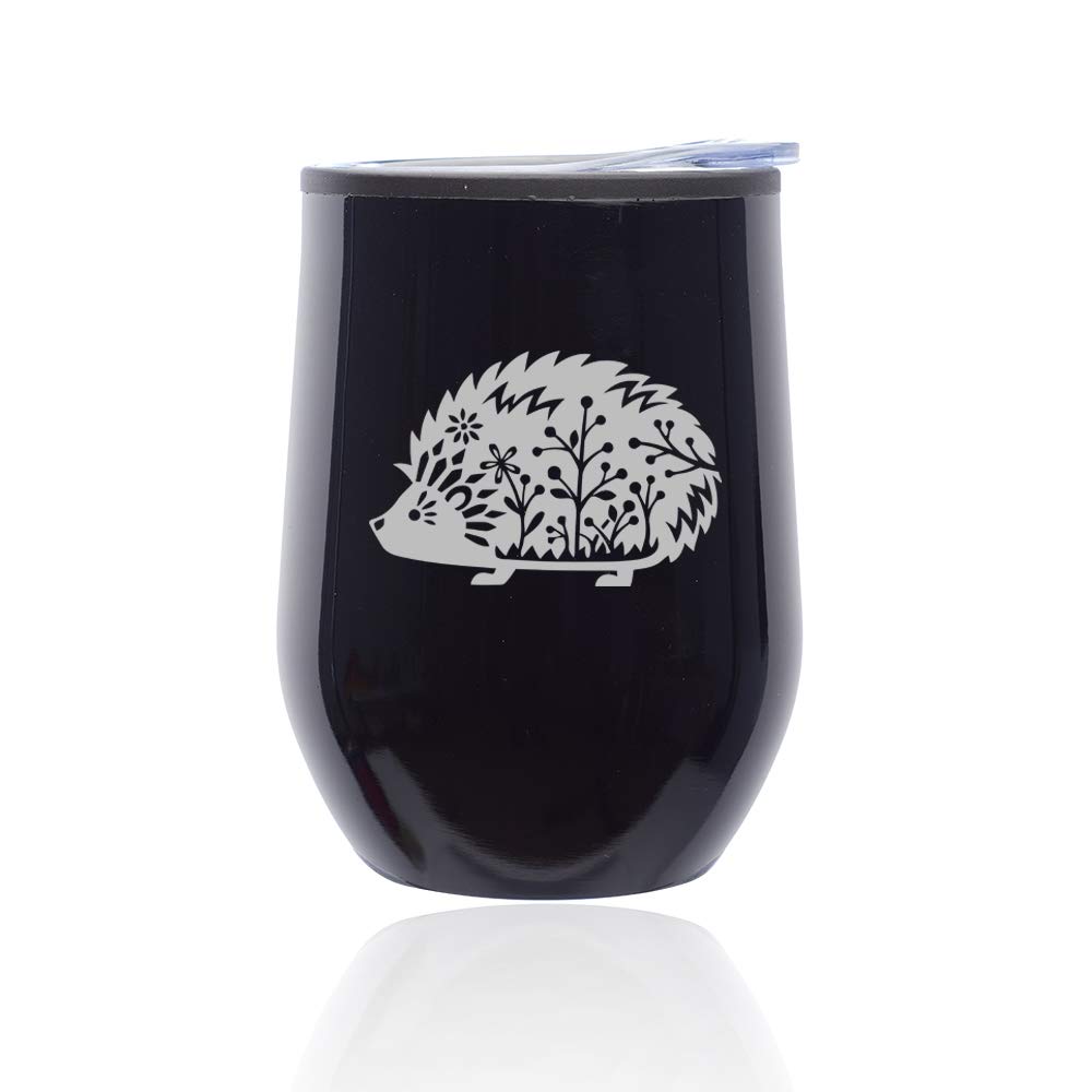 Stemless Wine Tumbler with Lid - Insulated Coffee Travel Mug Glass - Cute Hedgehog Design (Midnight Black) - Perfect for Home, Office, Picnics & Gifts