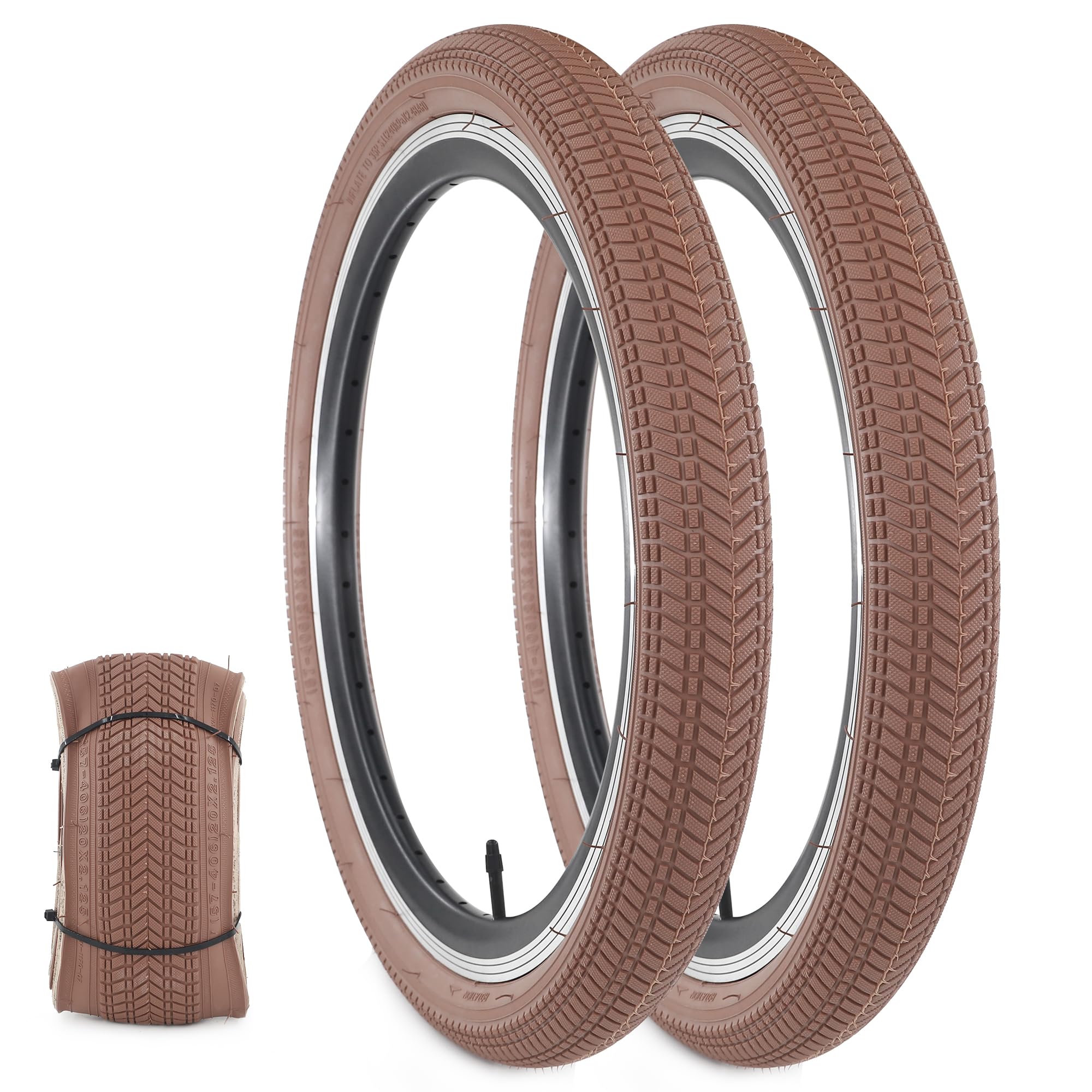 BALINGE 20 Inch Bike Tires (2 Pack) - 20 x 2.125 BMX Folding Replacement Tires for Kids Bikes - Durable Brown Rubber Tires for BMX, Cruiser & Commuter Bicycles - Perfect for Street Riding, Park Trails & Daily Commutes