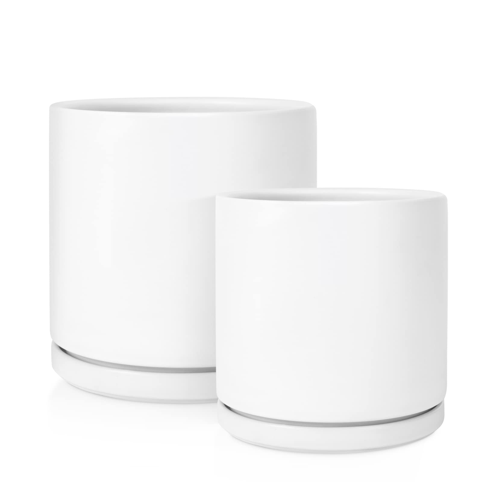 Kazeila 8 & 10 Inch Ceramic Plant Pots Set - Matte White Cylinder Flower Planters with Saucer, Drainage Hole & Glazed Finish for Indoor/Outdoor Plants - Perfect for Home Decor, Office Desk, Garden & Patio