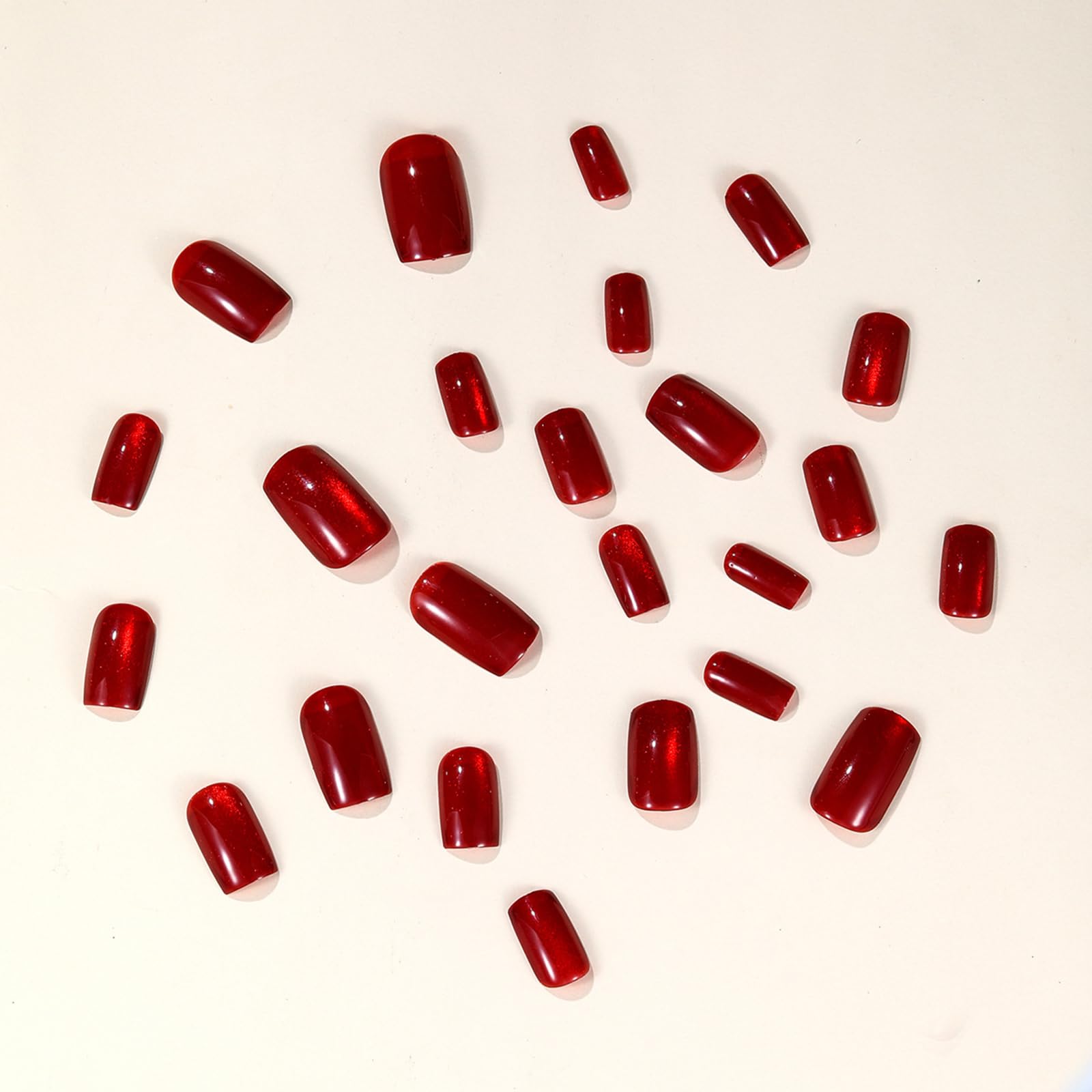 Valentine's Day Press on Nails - Red Glitter Cat Eye Fake Nails Short Square Full Cover Glossy Stick on Nails for Women & Girls - DIY Manicure for Valentine's Day, New Year, Parties & Special Occasions