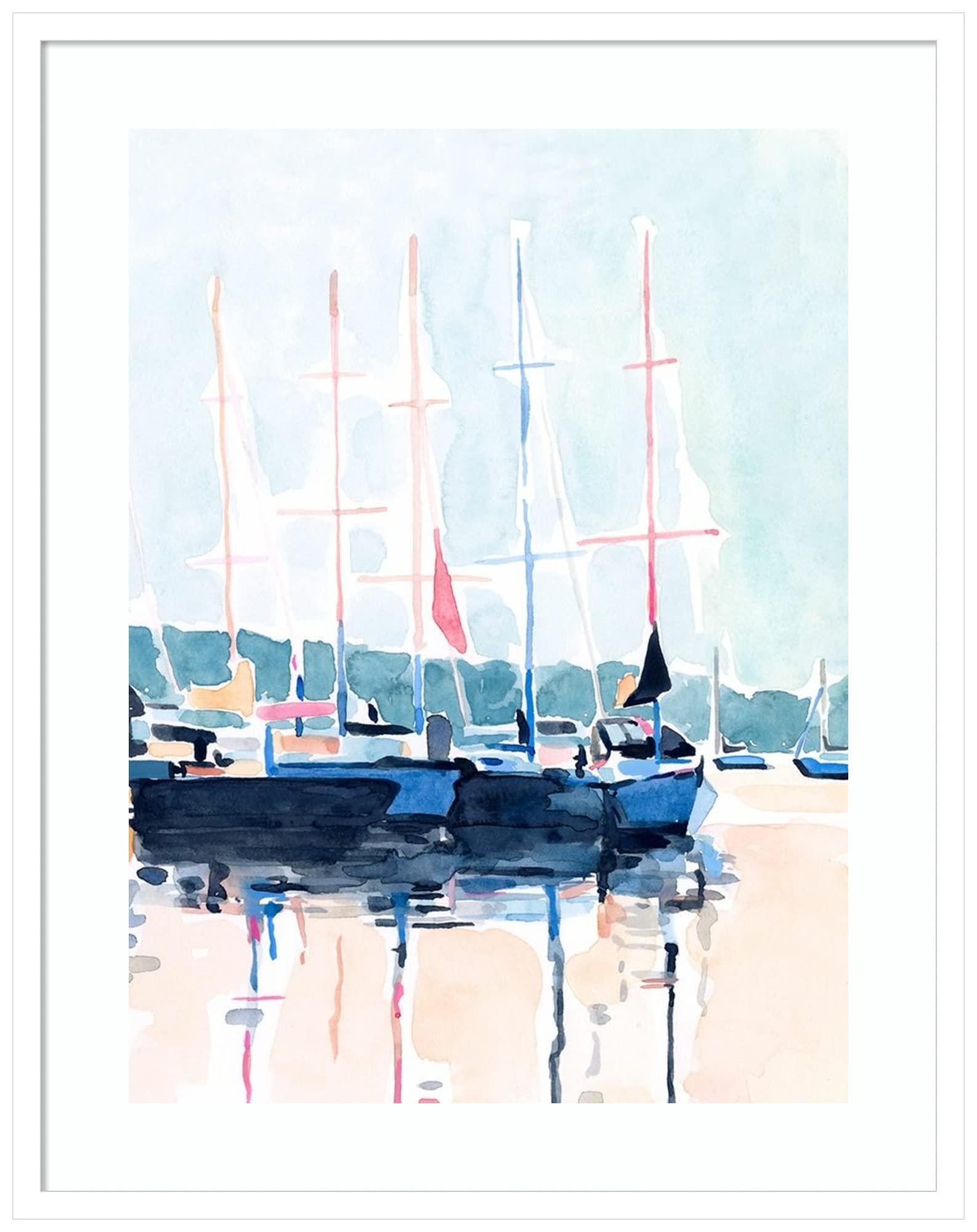 Emma Scarvey Watercolor Boat Club I Wall Art Print - 26x33 Inch Wood Framed Canvas with Svelte White Frame - Coastal & Nautical Home Decor for Living Room, Bedroom, Office