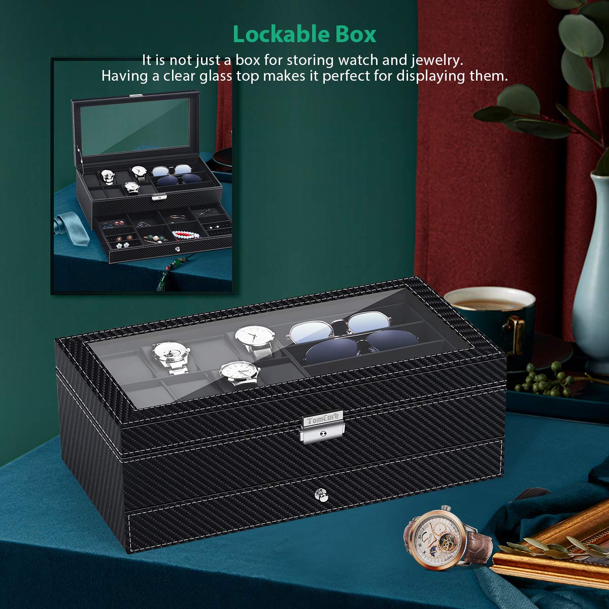 TomCare Luxury Watch Box - 12 Slot Watch Case Organizer with Glass Top & Soft Interior for Men & Women - Perfect for Jewelry Storage, Watch Collection Display, and Travel