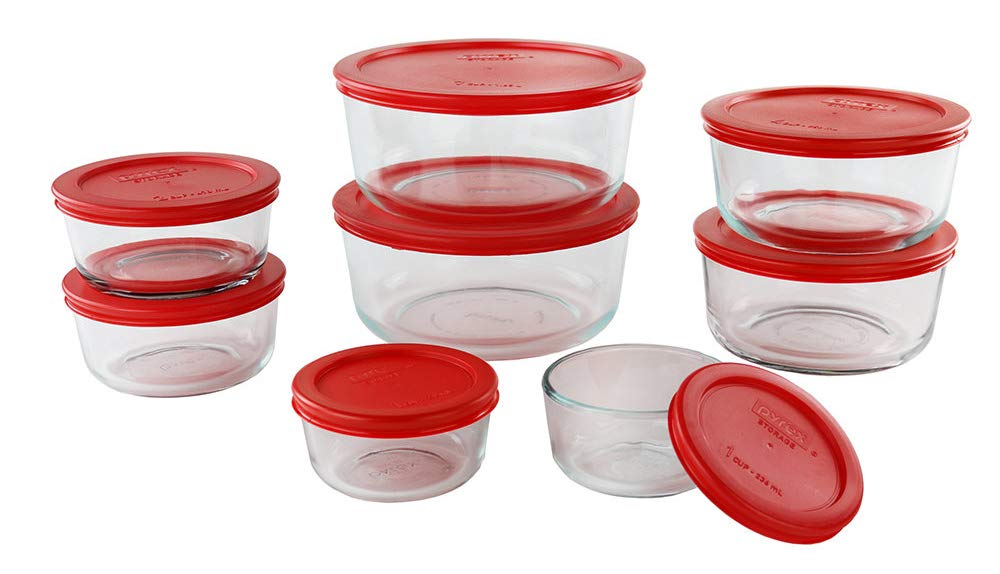 Pyrex 16-Piece Glass Food Storage Containers Set - 7, 4, 2 & 1 Cup Round BPA-Free Lids, Microwave & Dishwasher Safe for Meal Prep, Leftovers & Pantry Organization