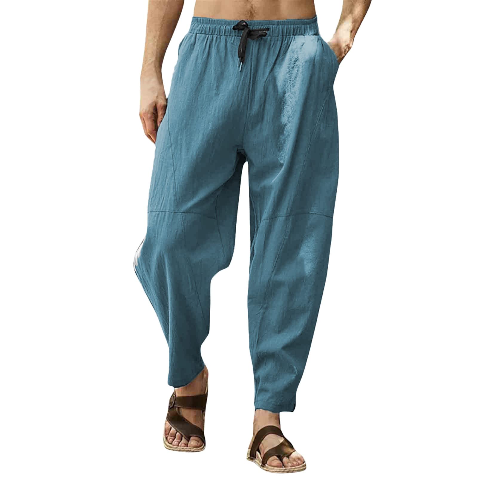 Men's Linen Drawstring Pants - Elastic Waist, Straight Leg, Lightweight & Breathable Casual Trousers with Pockets | Perfect for Yoga, Beach, Summer & Boho Style Outfits