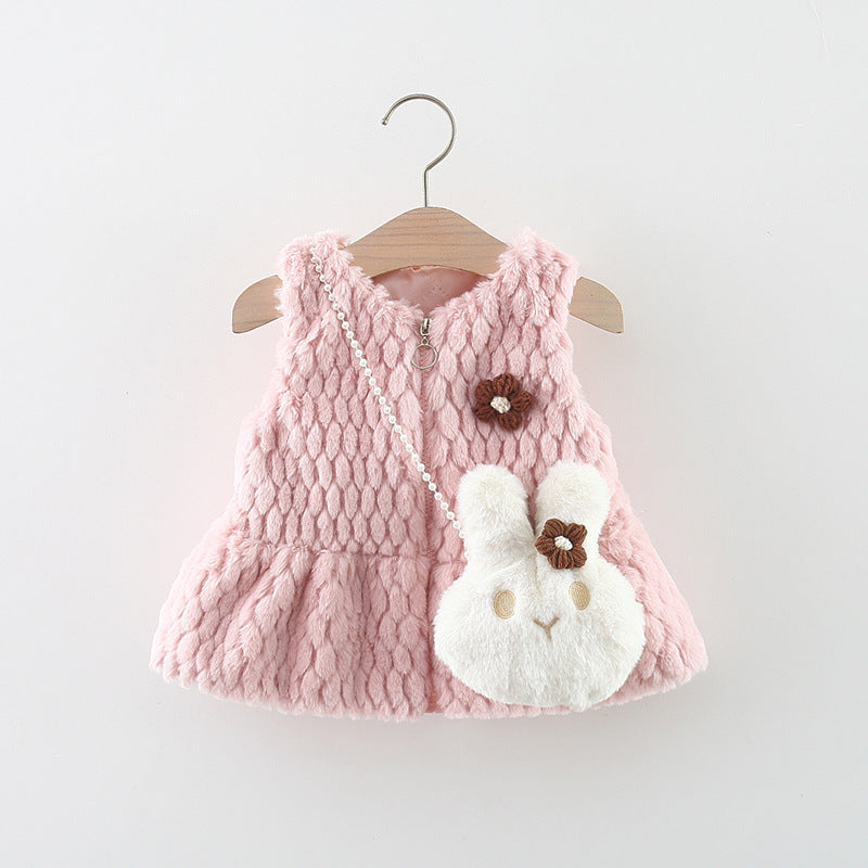 Women's Floral Print Sleeveless Fur Sweater with Rabbit Fur Vest Bag - Cozy Winter Fashion for Casual Outings & Date Nights
