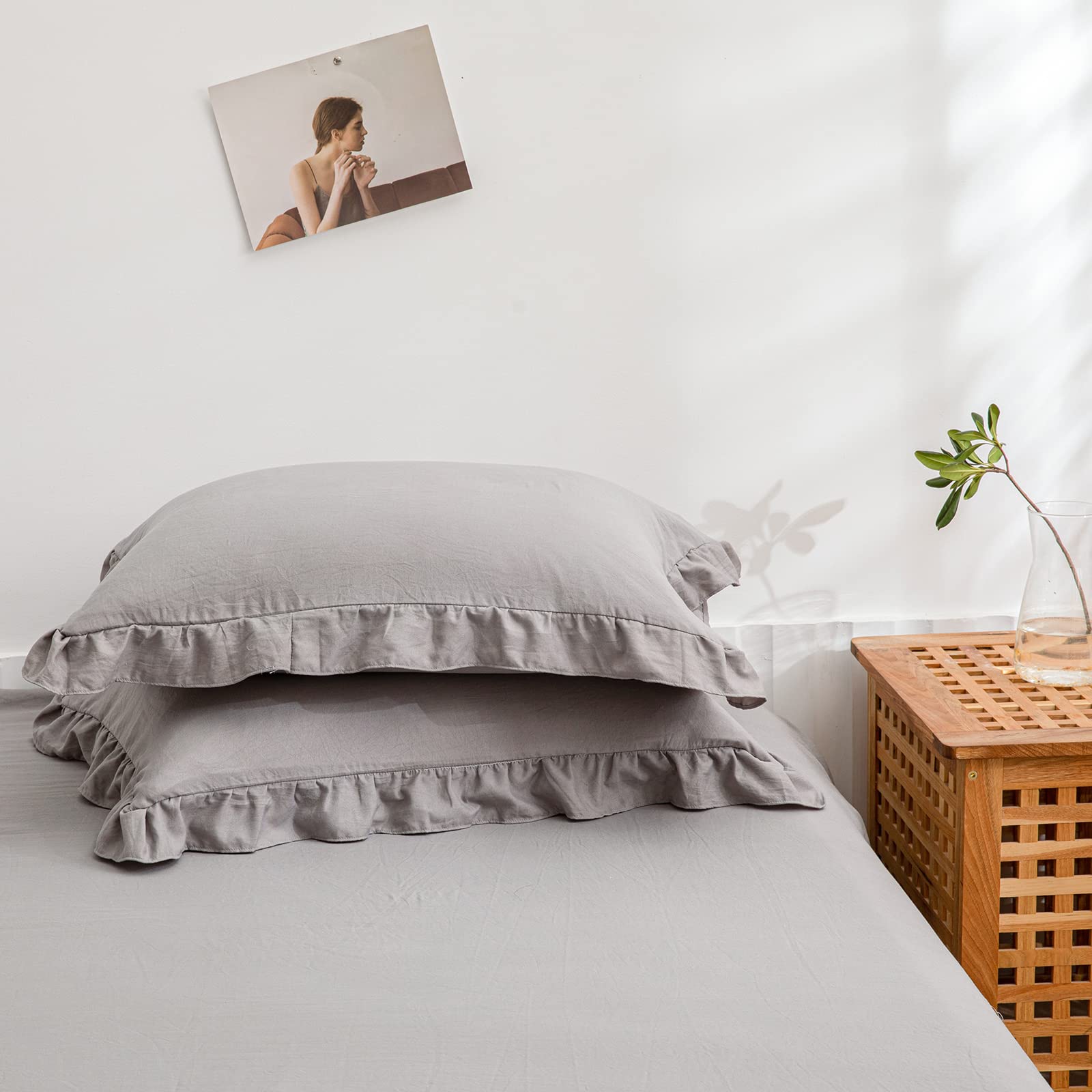 Light Gray King Size Pillowcases Set of 2 - 20x36 Inch Ruffled Boho Pillow Shams for Bedroom Decor, Cute Chic Pillow Covers for Master Bedroom, Guest Room or Dorm