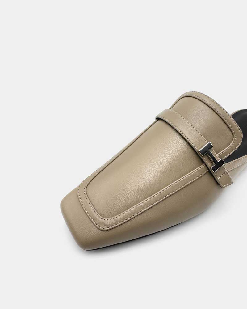 Khaki Leather Flat Loafer Mules for Women - Comfortable Slip-On Shoes for Casual Outfits, Office Wear & Everyday Use
