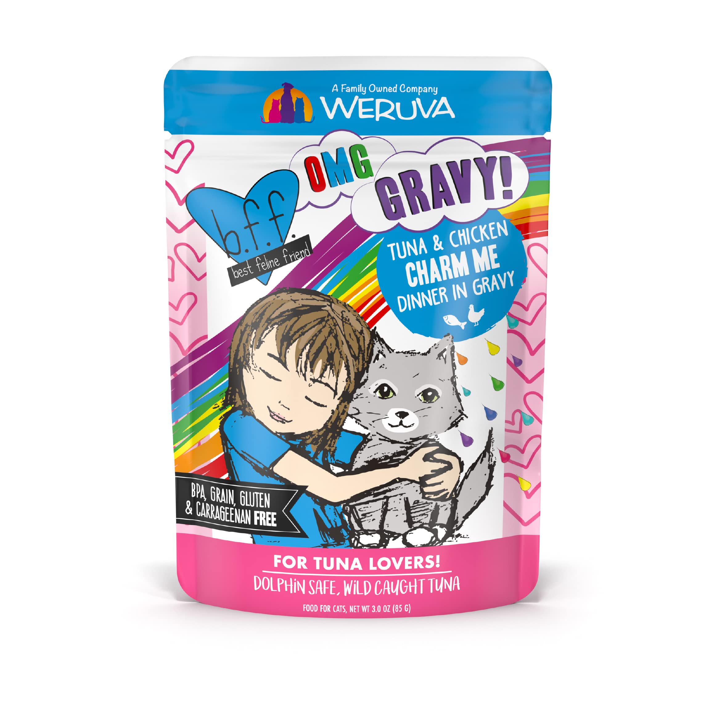 Weruva B.F.F. OMG Tuna & Chicken in Gravy Cat Food - Grain-Free Wet Cat Food Pouches, 3oz (Pack of 12) - High Protein Meal for Adult & Senior Cats - Perfect for Picky Eaters & Hydration Boost