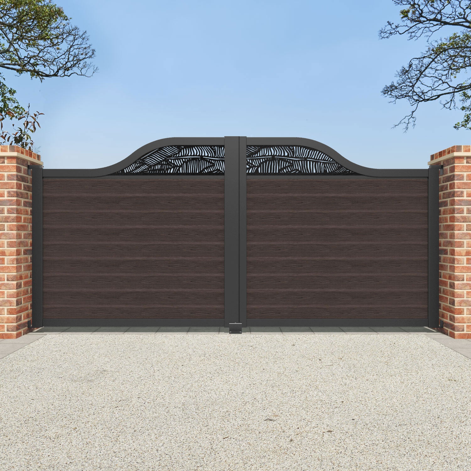 Classic Feather Curved Top Driveway Gate - Mid Brown Top Screen - Elegant Privacy Fence for Residential Homes & Gardens