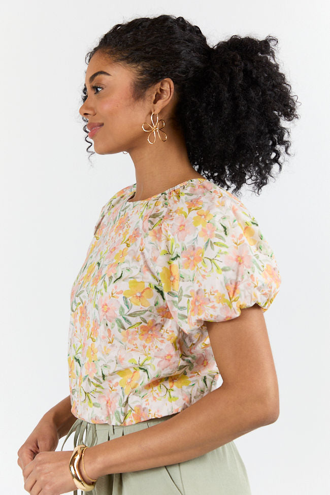 Summer Solstice Yellow Bubble Hem Woven Floral Blouse - Women's Boho Chic Top for Beach Vacation, Date Night & Summer Outfits
