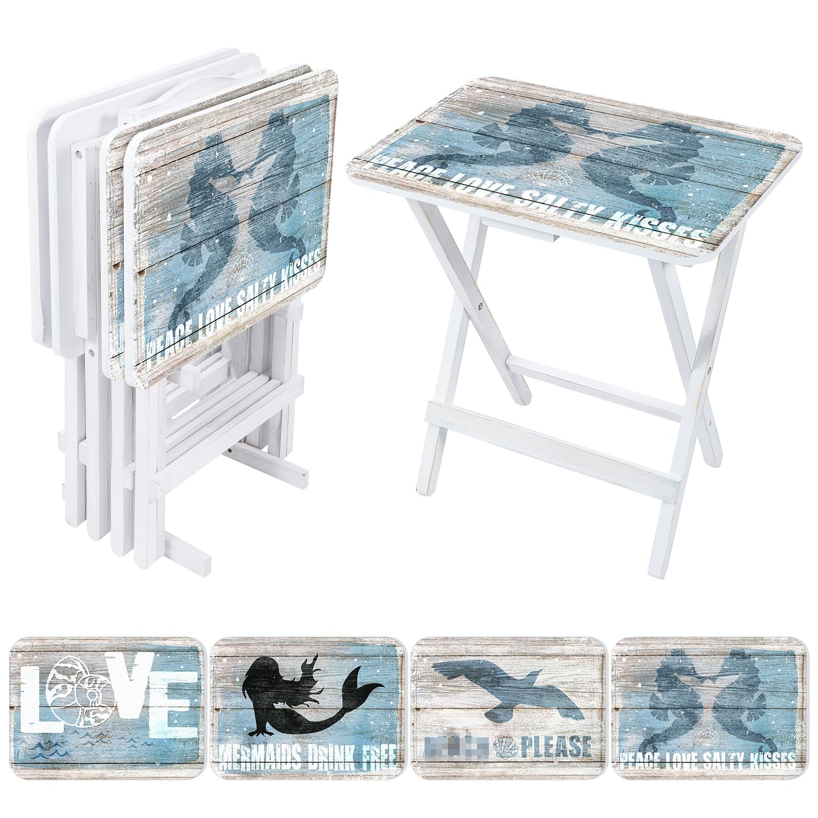 Coastal Beach TV Trays Set of 4 with Stand - Folding Wooden Decorative Dinner Tables for Farmhouse & Couch Dining | Perfect for Snacks, Meals, and Living Room Entertainment