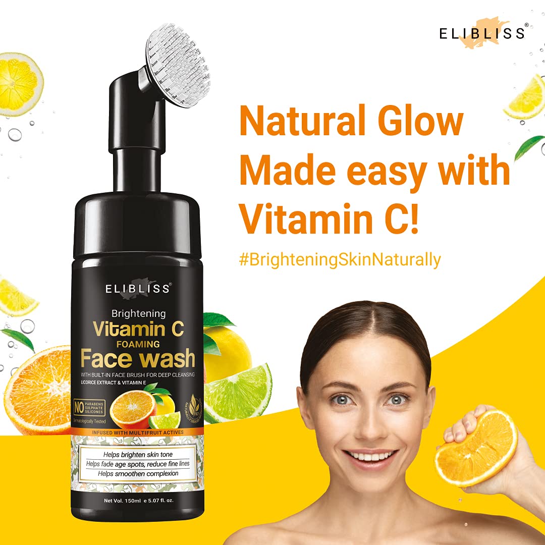 ELIBLISS Natural Vitamin C Foaming Face Wash for Acne-Prone & Oily Skin - Paraben, Sulfate & Silicone Free with Built-in Brush (Pack of 2) - Gentle Daily Cleanser for Clear, Glowing Skin - Perfect for Morning & Night Skincare Routine