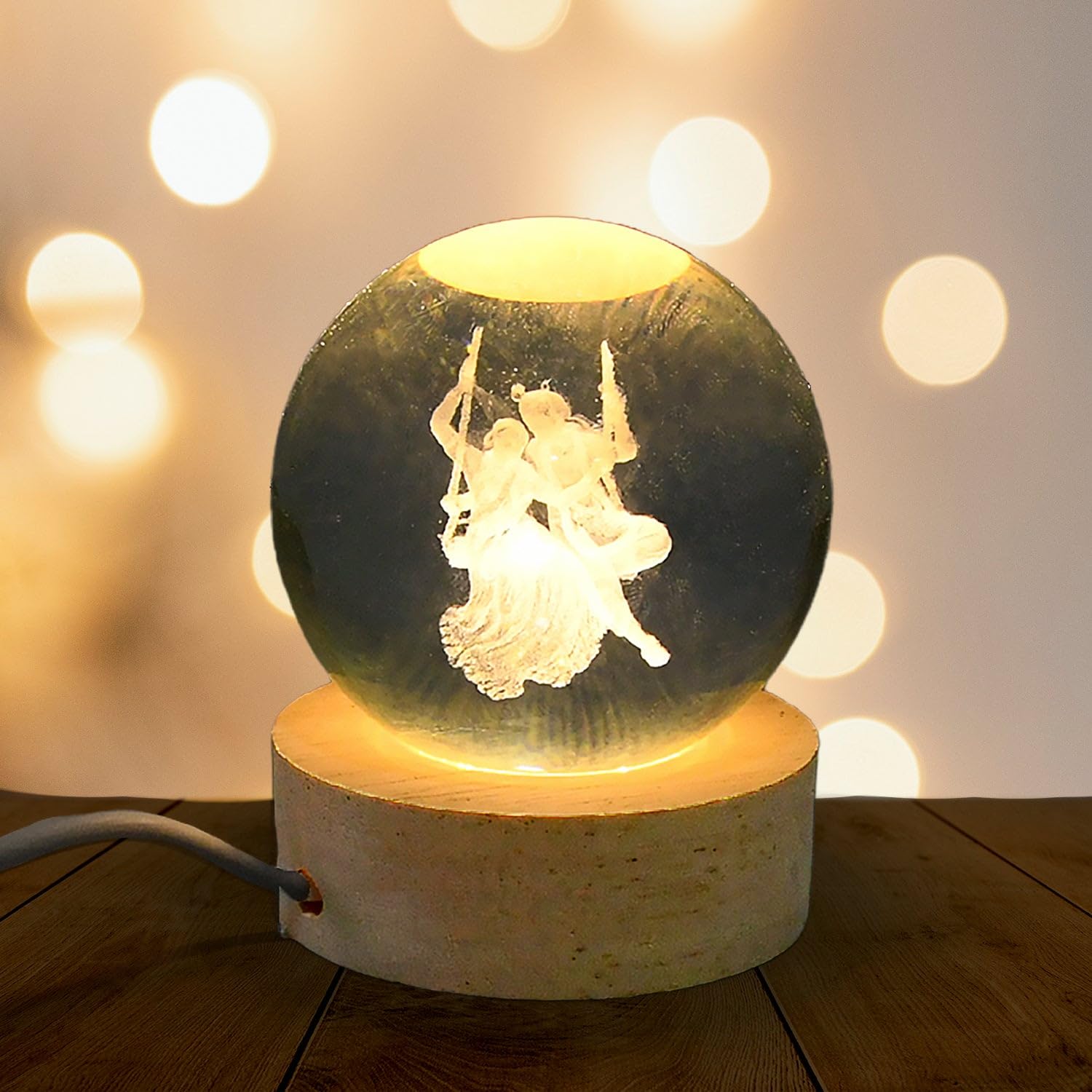 Oblivion 3D Crystal Ball LED Lamp with Radhakrishna Engraved Base - USB Powered Wooden Night Light for Home, Office Desk & Meditation Room Decor - Perfect for Yoga, Spiritual Gifts & Relaxation
