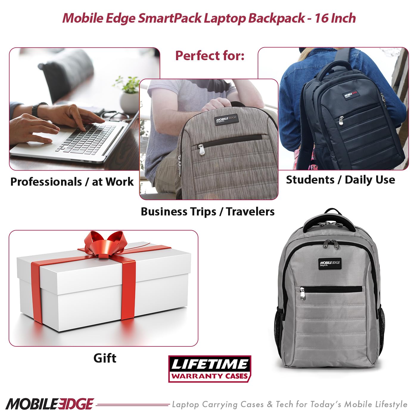 Mobile Edge SmartPack Laptop Backpack for Men & Women - 16 Inch Laptop Compatible - Ultra Lightweight Business & Travel Backpack (Silver) - Perfect for Office Commute, College Students & Airplane Carry-On