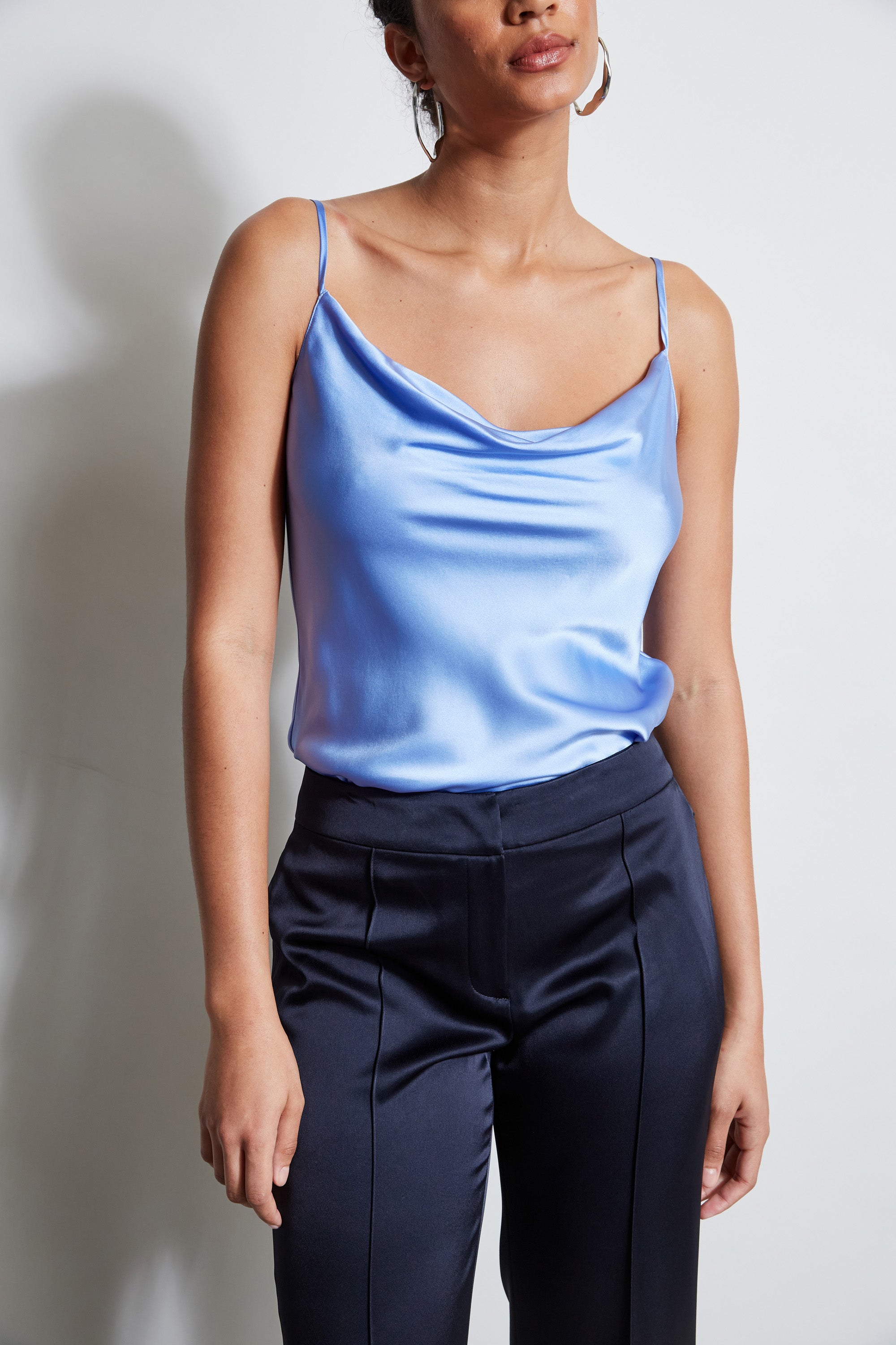 Silk Satin Cami Top for Women - E107G503 Horizon Blue Lace Trim Sleepwear & Lounge Wear for Night Out or Home Relaxation