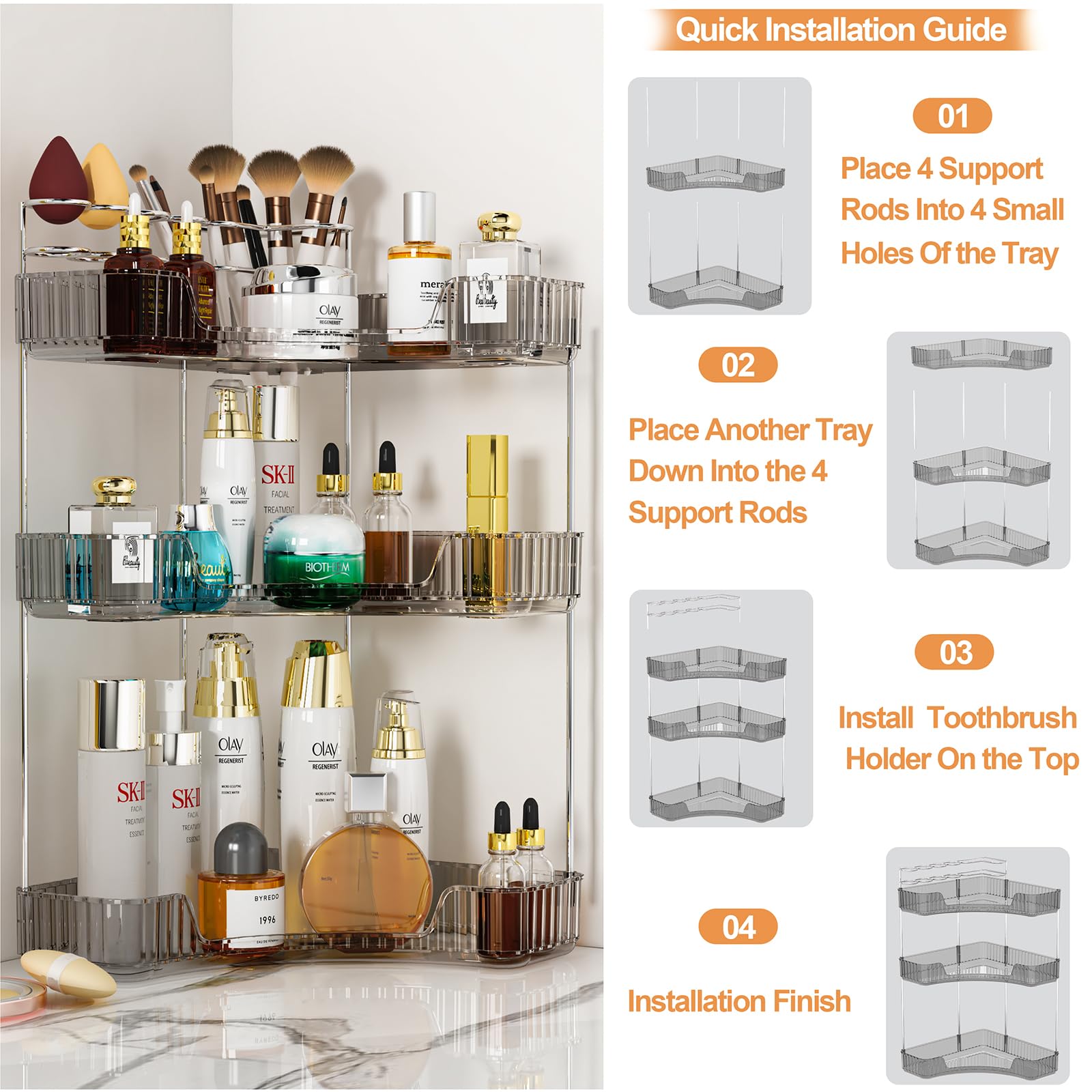SUNZOS Modern 3-Tier Acrylic Bathroom Organizer with Brush Holder - Large Capacity Corner Makeup Storage for Vanity, Kitchen Countertop, Dresser - Space Saving Gray Organizer for Cosmetics, Skincare & Beauty Tools