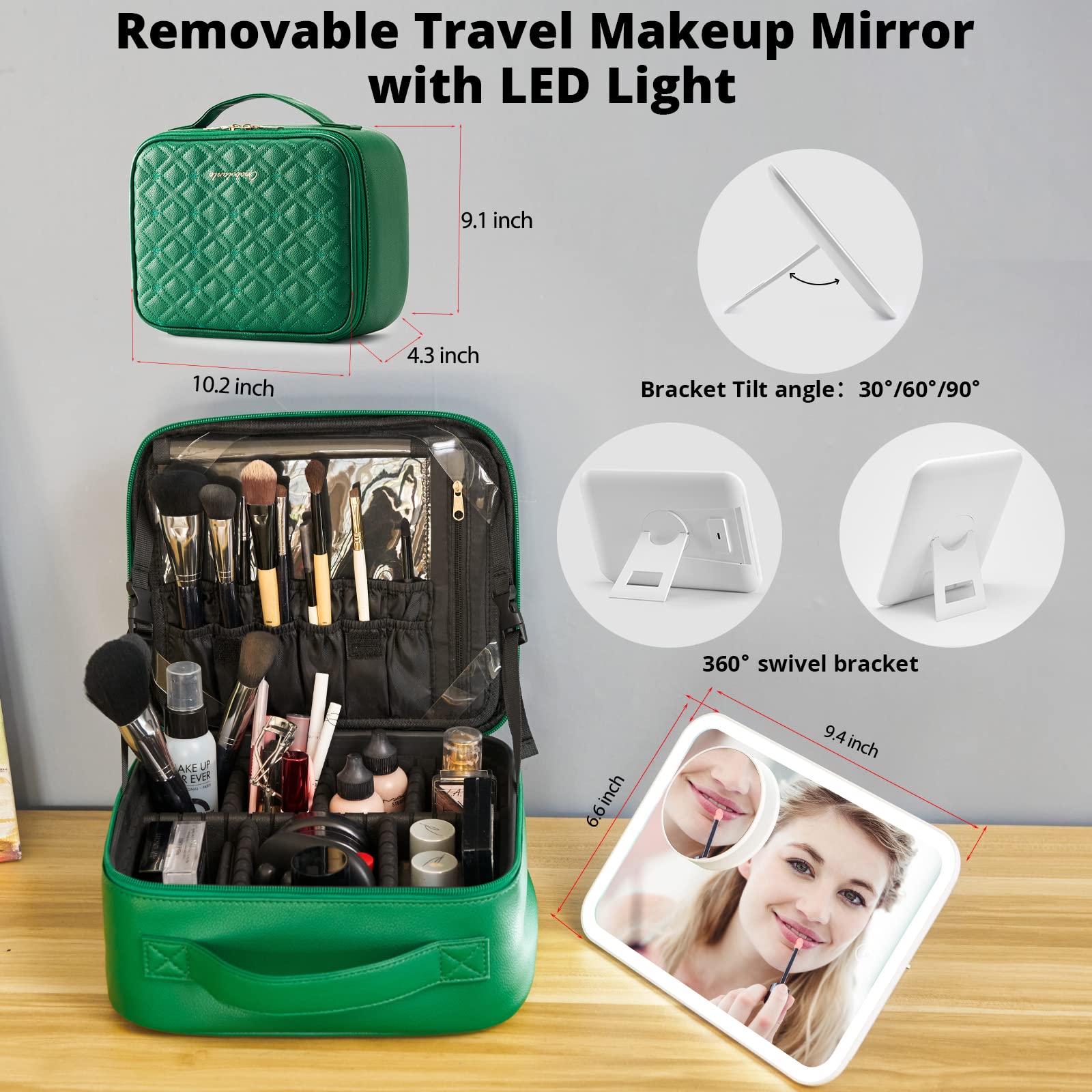 Omobolanle LED Lighted Makeup Train Case with Detachable Mirror & Adjustable Dividers - 10X Magnifying Mirror, Portable Cosmetic Organizer for Travel, Home & Professional Makeup Artists | Green