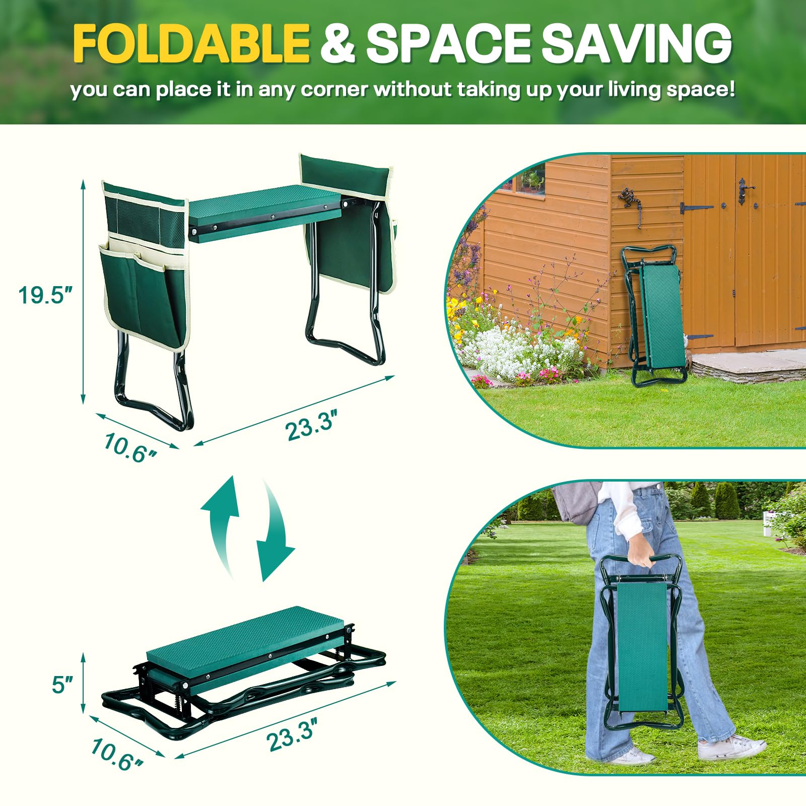 EAONE Foldable Garden Kneeler and Seat with Soft Kneeling Pad - Gardening Stool Bench with Hand Tools, Gloves & Tool Pouches - Ideal Gardening Gifts for Men & Women - Protects Knees & Back - Perfect for Planting, Weeding & Outdoor Yard Work