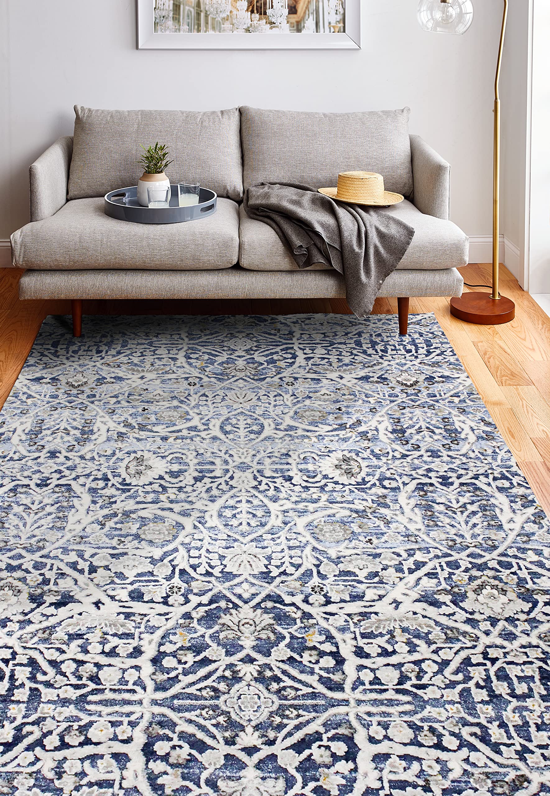 Bashian Collection Luxury Power Loom Area Rug - Soft Polypropylene & Polyester Blend - 7.6’ x 9.6’ Blue Runner Rug for Entryway, Living Room, Bedroom - Home Decor & Floor Protection