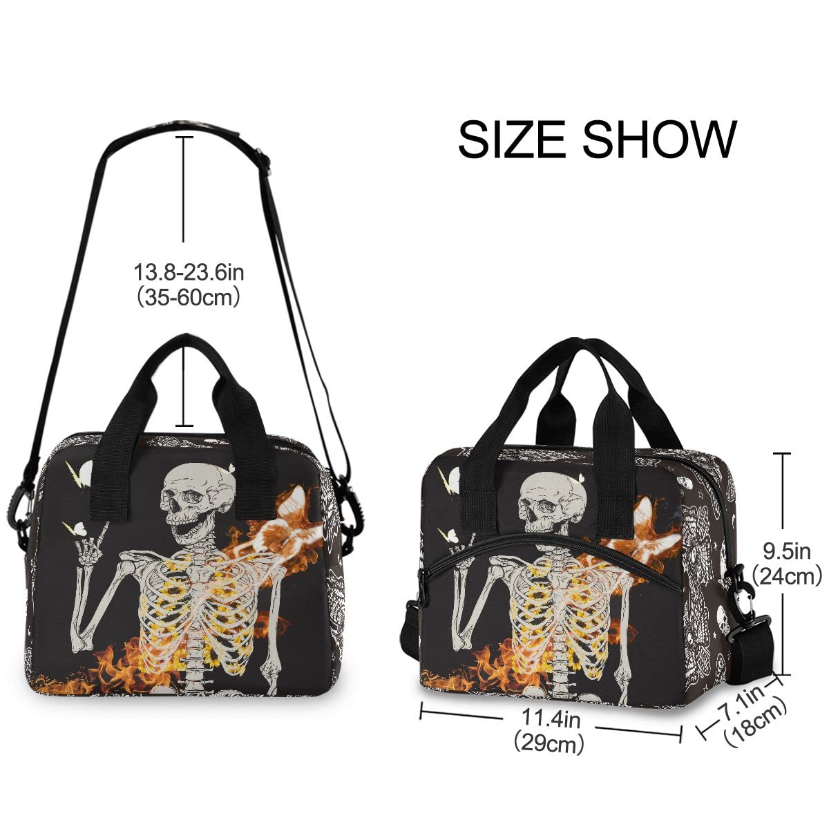 Insulated Lunch Bag with Skull Skeleton & Glitter Butterfly Design - Reusable Leakproof Cooler Tote for Women & Men - Perfect for Work, School, Picnics & Outdoor Activities