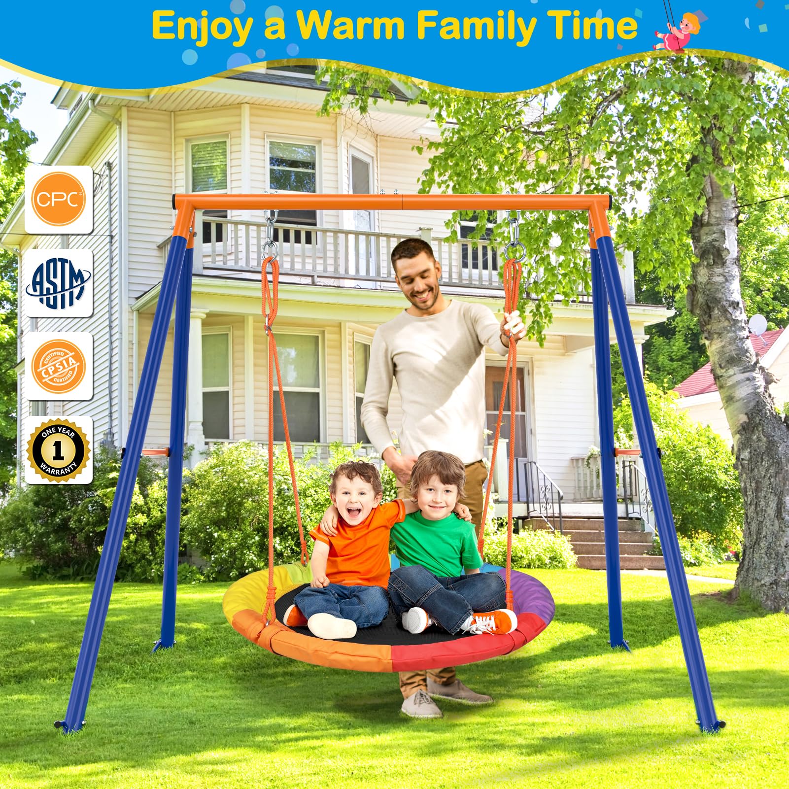 GIKPAL 440lbs Heavy-Duty Saucer Swing Set with Metal Frame & Adjustable Ropes - Outdoor Kids Swing for Backyard, Playground, Park - Waterproof Rainbow Round Swing for Toddlers & Children (Perfect for Outdoor Play, Family Fun & Backyard Activities)