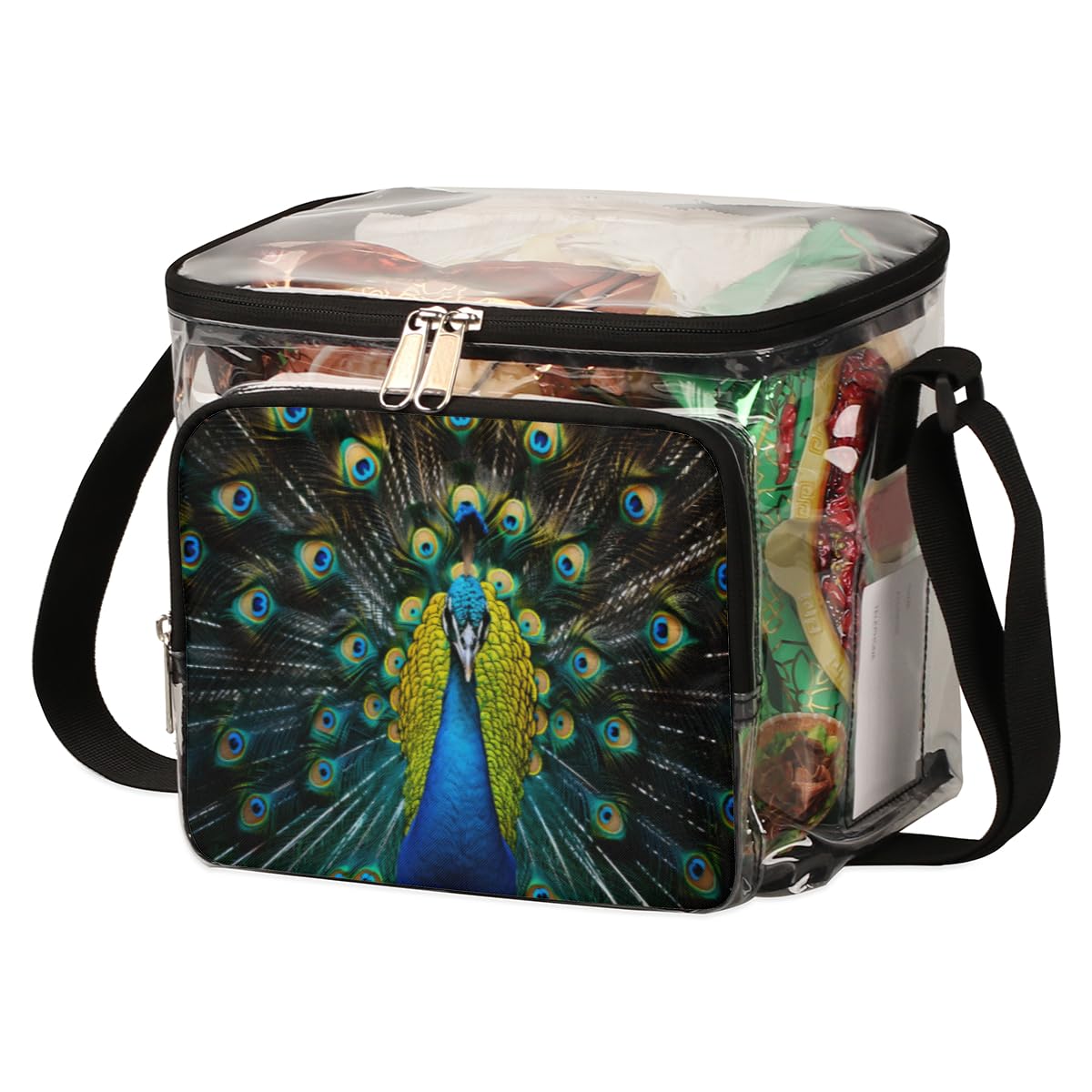 GzLeyigou Transparent Peacock Print Tote Bag with Handles - Clear Shoulder Bag for Women, Fashionable Crossbody Purse for Outdoor, Travel, Picnic, Concerts & Sports Events (Stadium Approved) - Perfect for Beach Days, Music Festivals and Shopping Trips