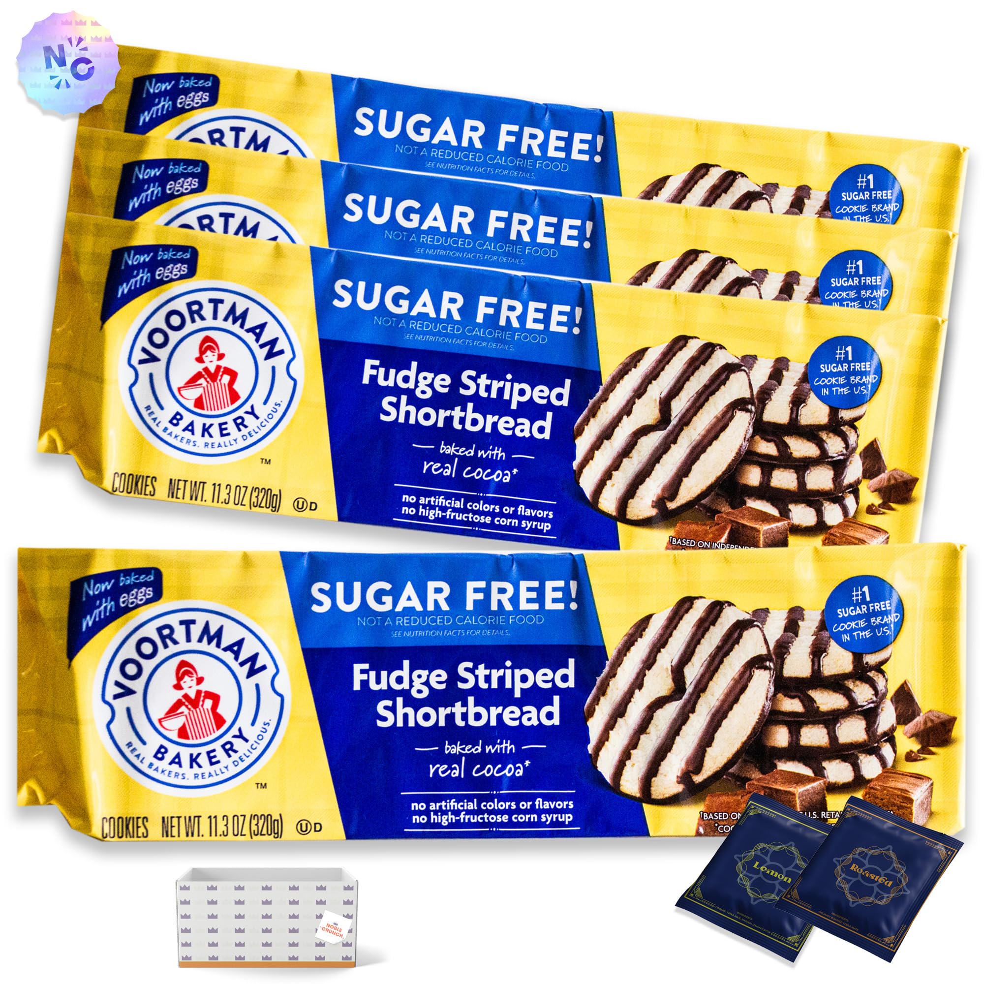 Sugar Free Fudge Striped Shortbread Cookies (4 Packs, 11.3oz) & Organic Yerba Mate Tea Bags (Lemon Roasted, 2 Bags) - 6 Items Total - Perfect for Keto Diet & Afternoon Tea Break