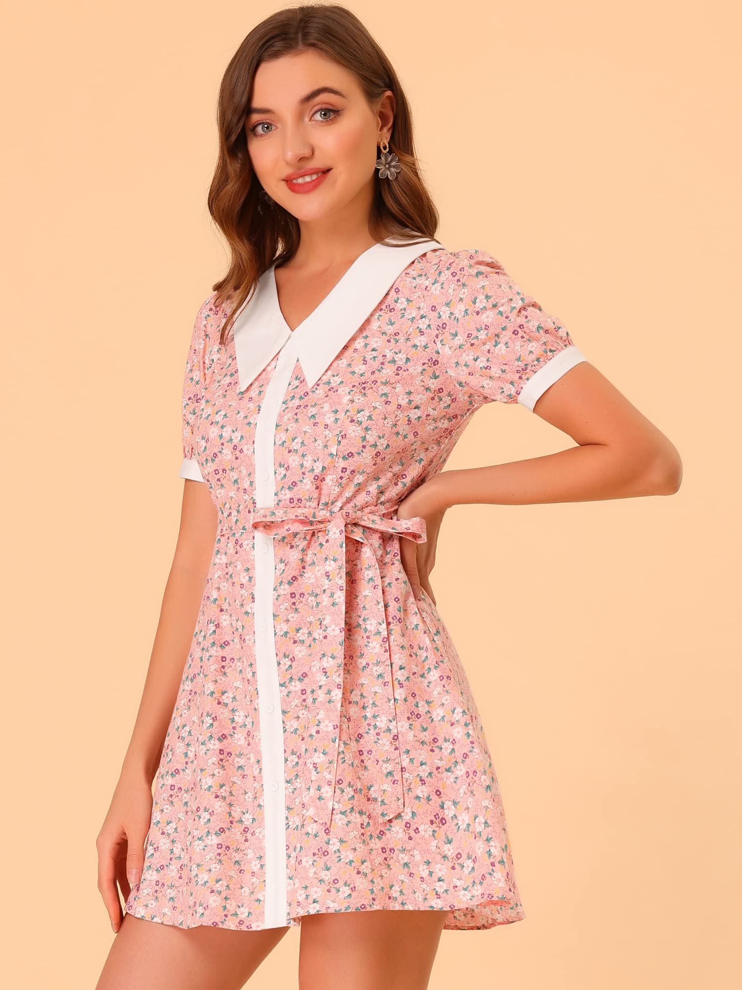 Allegra K Women's Floral Print Cotton Shirt Dress with Collar & Belted Waist | Summer Button Down Tunic Dress in Medium Pink | Perfect for Beach Vacations, Brunch Dates & Office Wear