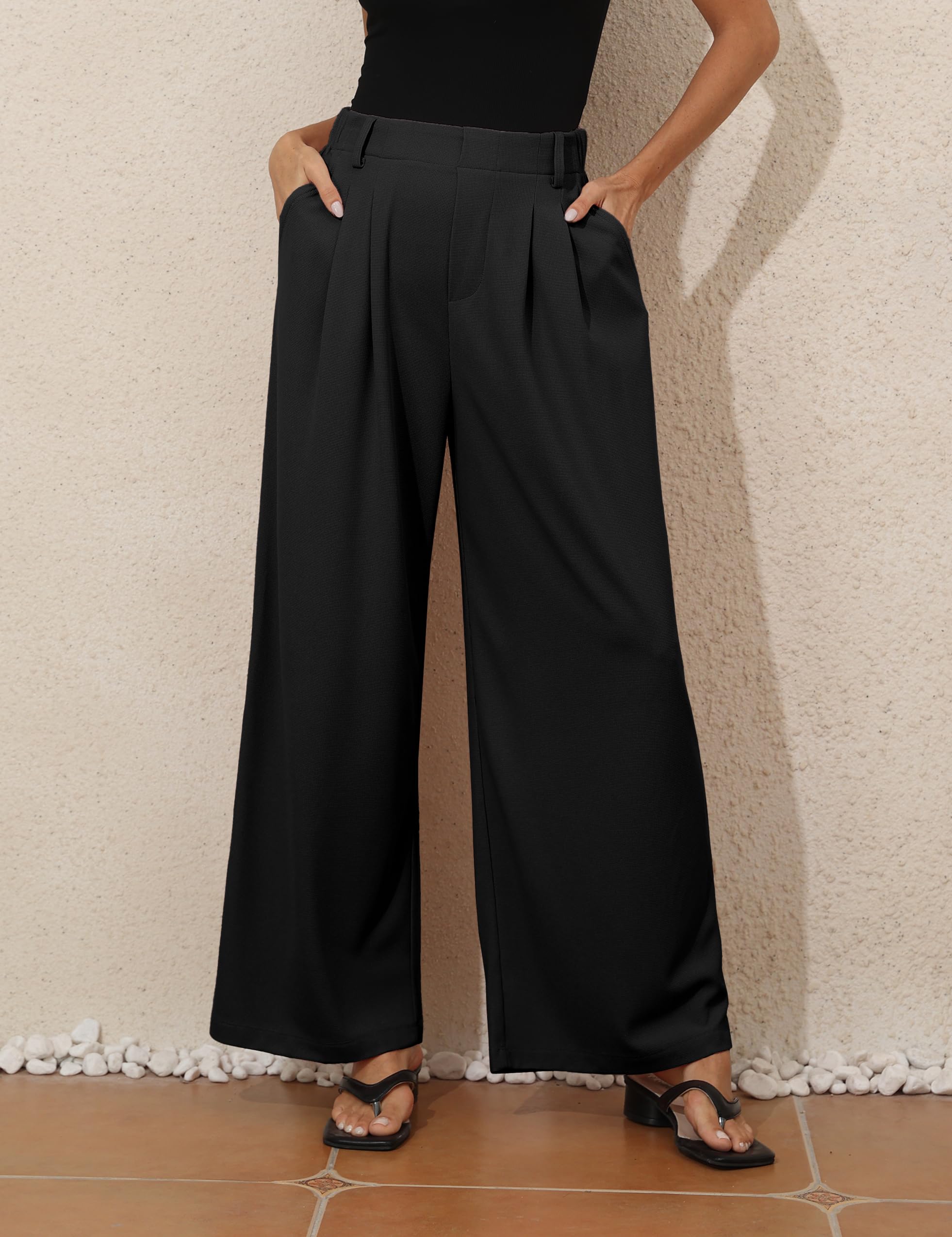 PrettyGuide Women's Wide Leg Dress Pants - Elastic High Waist Waffle Knit Work Pants, Casual Palazzo Trousers with Pockets - Perfect for Office, Business Travel & Everyday Wear