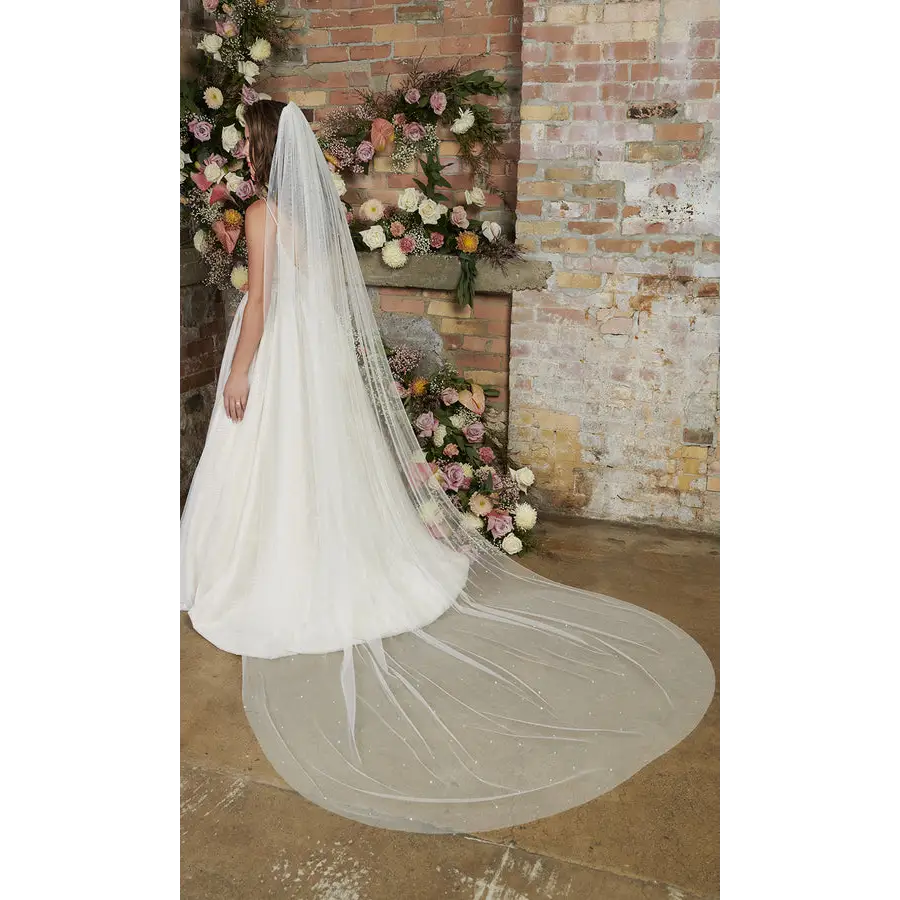 Elegant Cathedral Bridal Veil V2293C - Long Wedding Veil with Lace Trim for Bride, Perfect for Church Ceremony & Formal Weddings