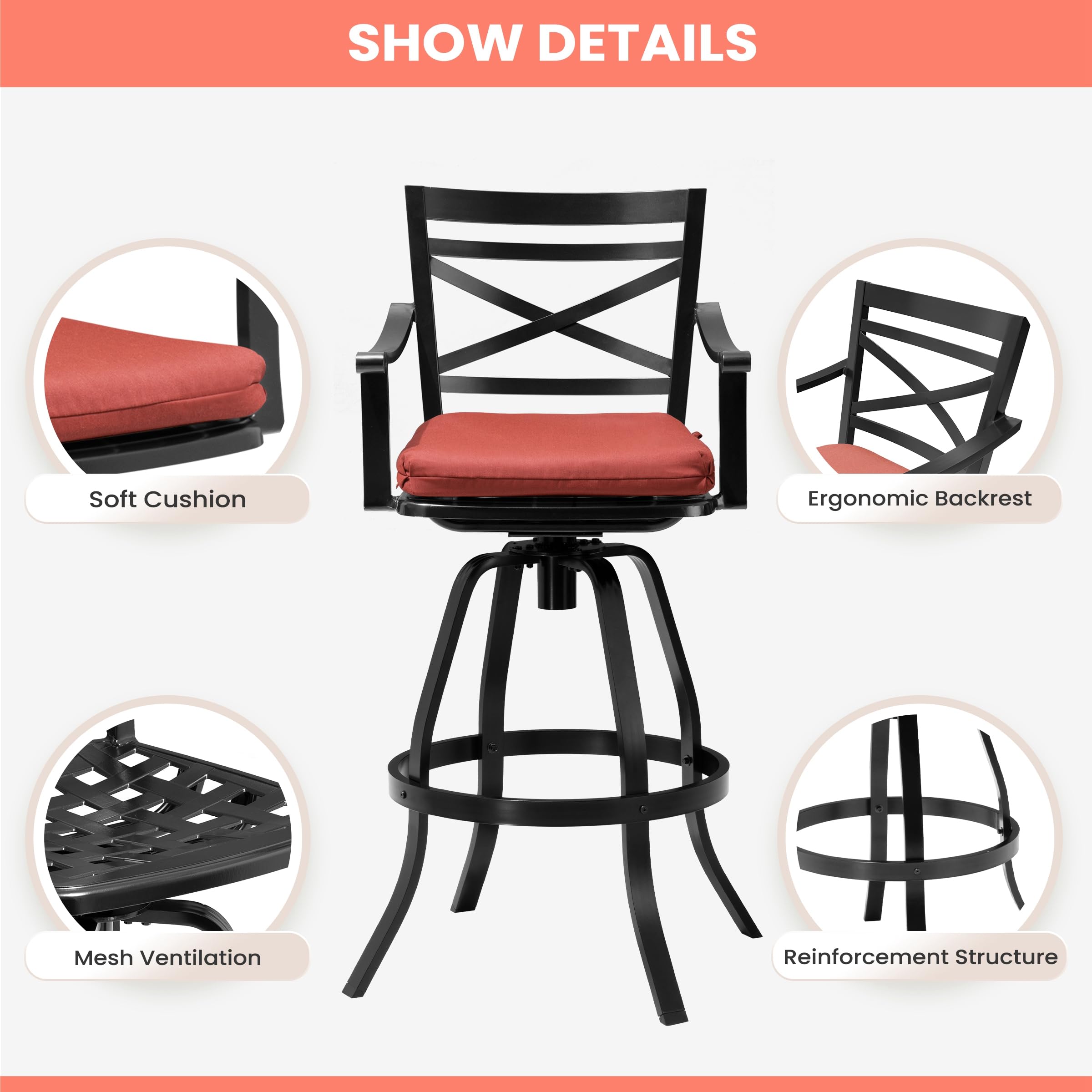 Pellebant Sunbrella Outdoor Bar Stools Set of 2 - 30 Inch Height Aluminum Swivel Patio Bar Stools with Footrest & Backrest - Waterproof & UV Resistant for Deck, Lawn, Garden, Poolside - Red