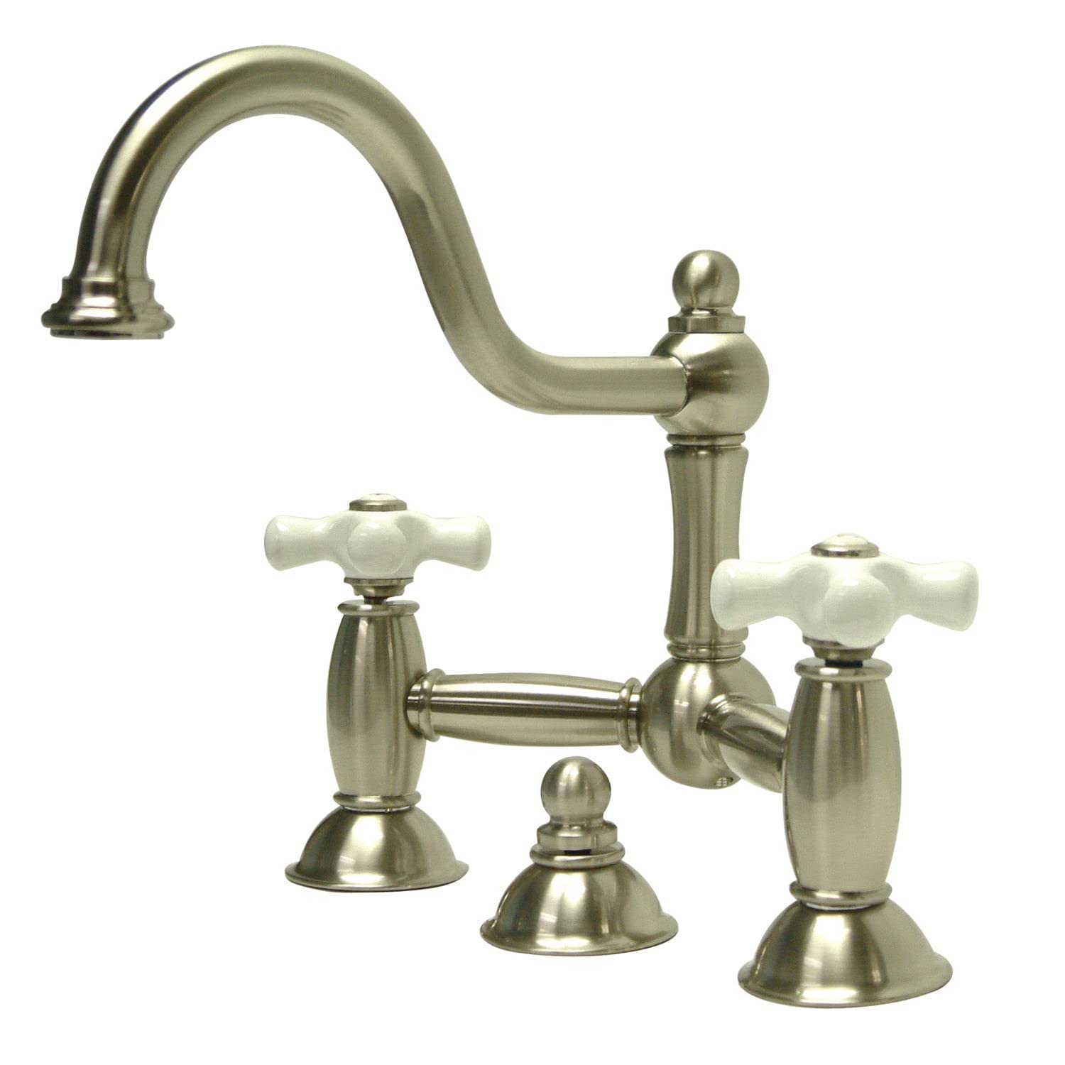 Stylish Centerset Bathroom Faucet with Double Porcelain Cross Handles in Satin Nickel Finish - Perfect for Modern Vanities and Powder Rooms