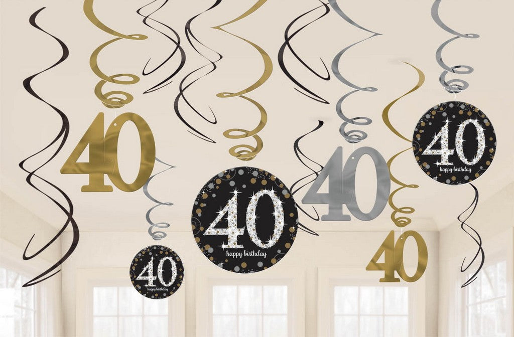 40th Birthday Sparkling Hanging Swirl Decorations - Pack of 12 for Party, Anniversary & Special Event Decorations