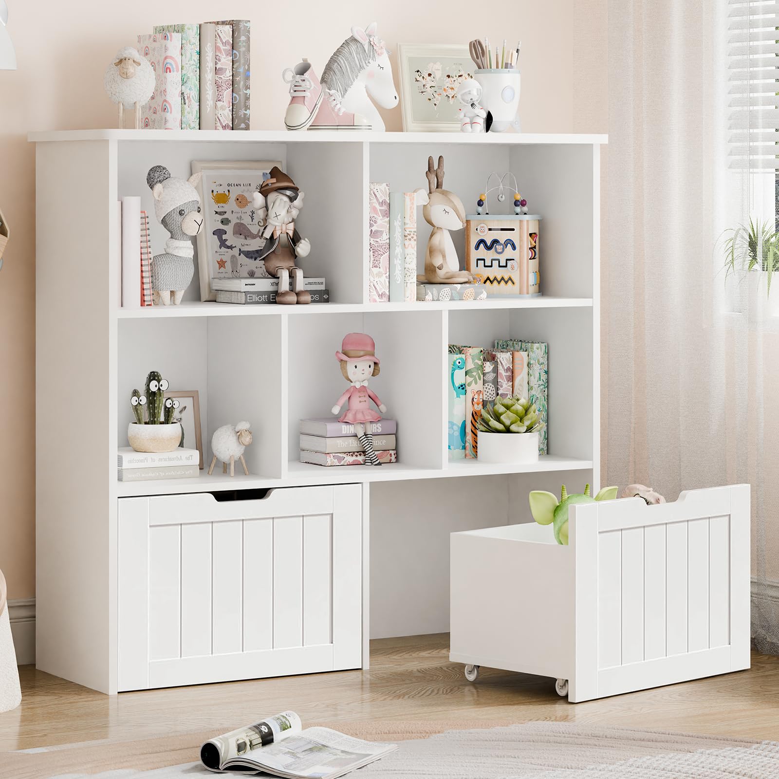 Multifunctional White Toy Storage Organizer with 2 Movable Drawers & 5 Storage Cubbies - Kids Bookshelf, Toy Chest with Hidden Wheels for Playroom Organization | Perfect for Nursery, Daycare & Home Play Areas