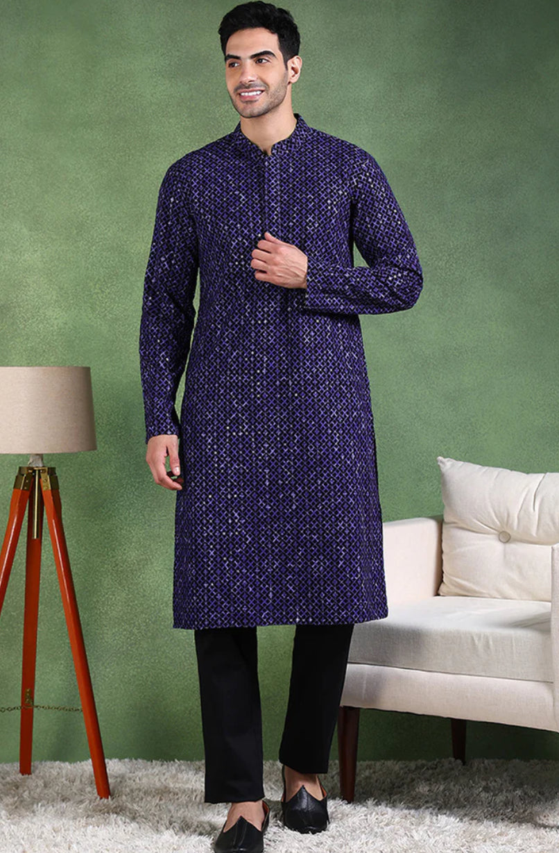 Blue Viscose Rayon Embroidered Straight Kurta for Men - Traditional Ethnic Motif Design - Perfect for Festivals, Weddings & Cultural Events